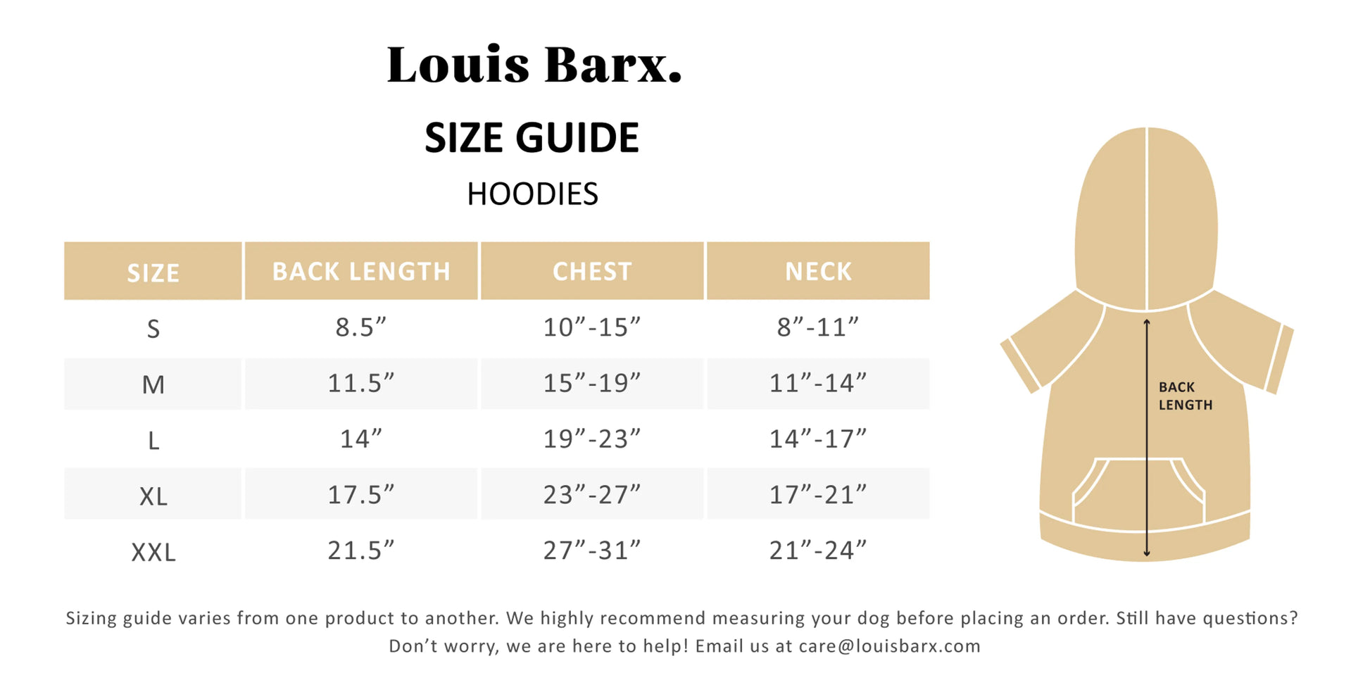 Louis barxs Size chart
