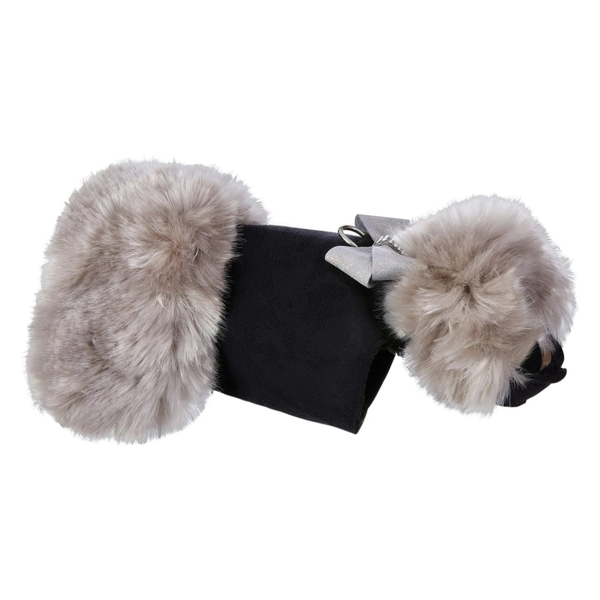 Side view Black dog coat with fluffy gray fur trim on a white background