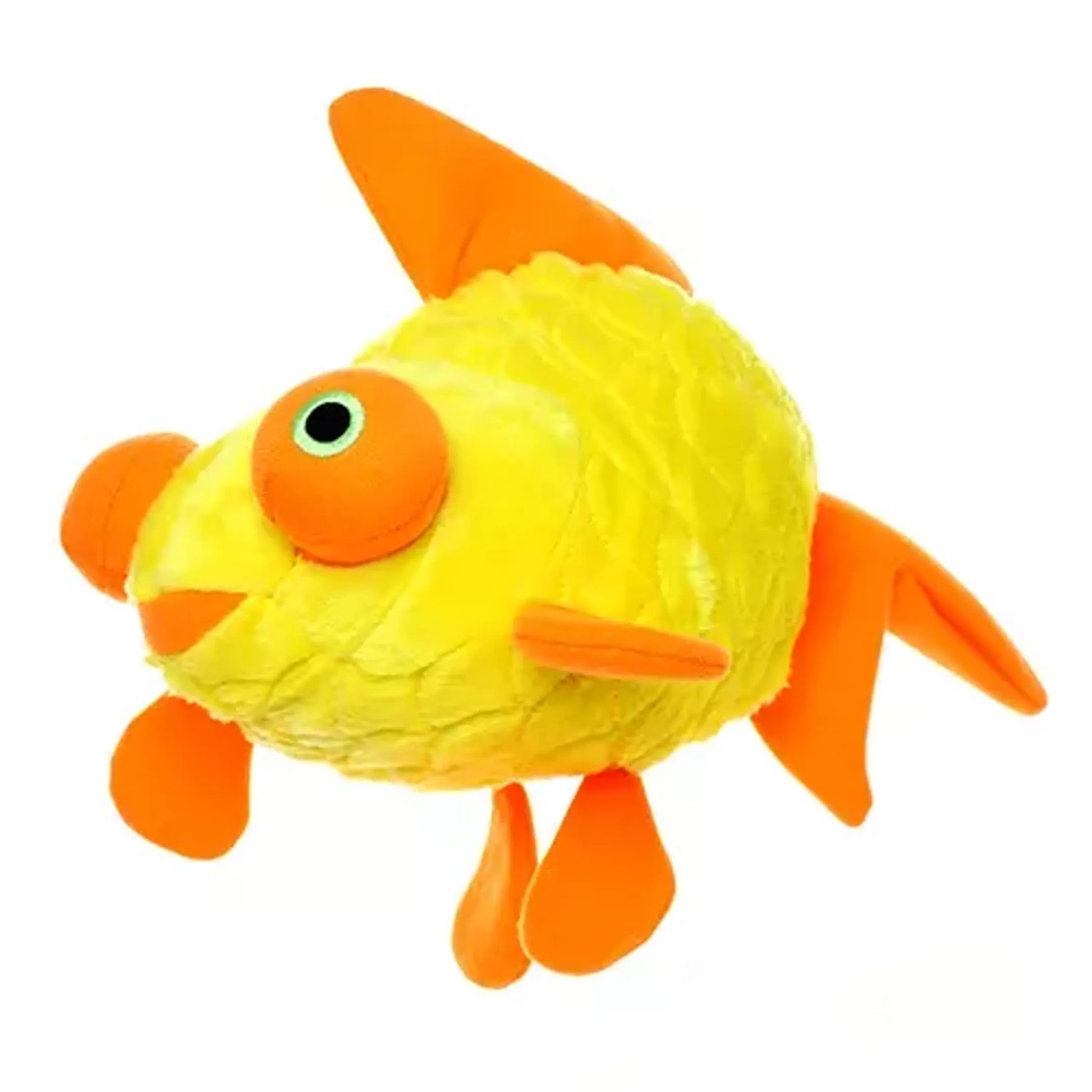 Yellow and orange fish-shaped toy on a white background