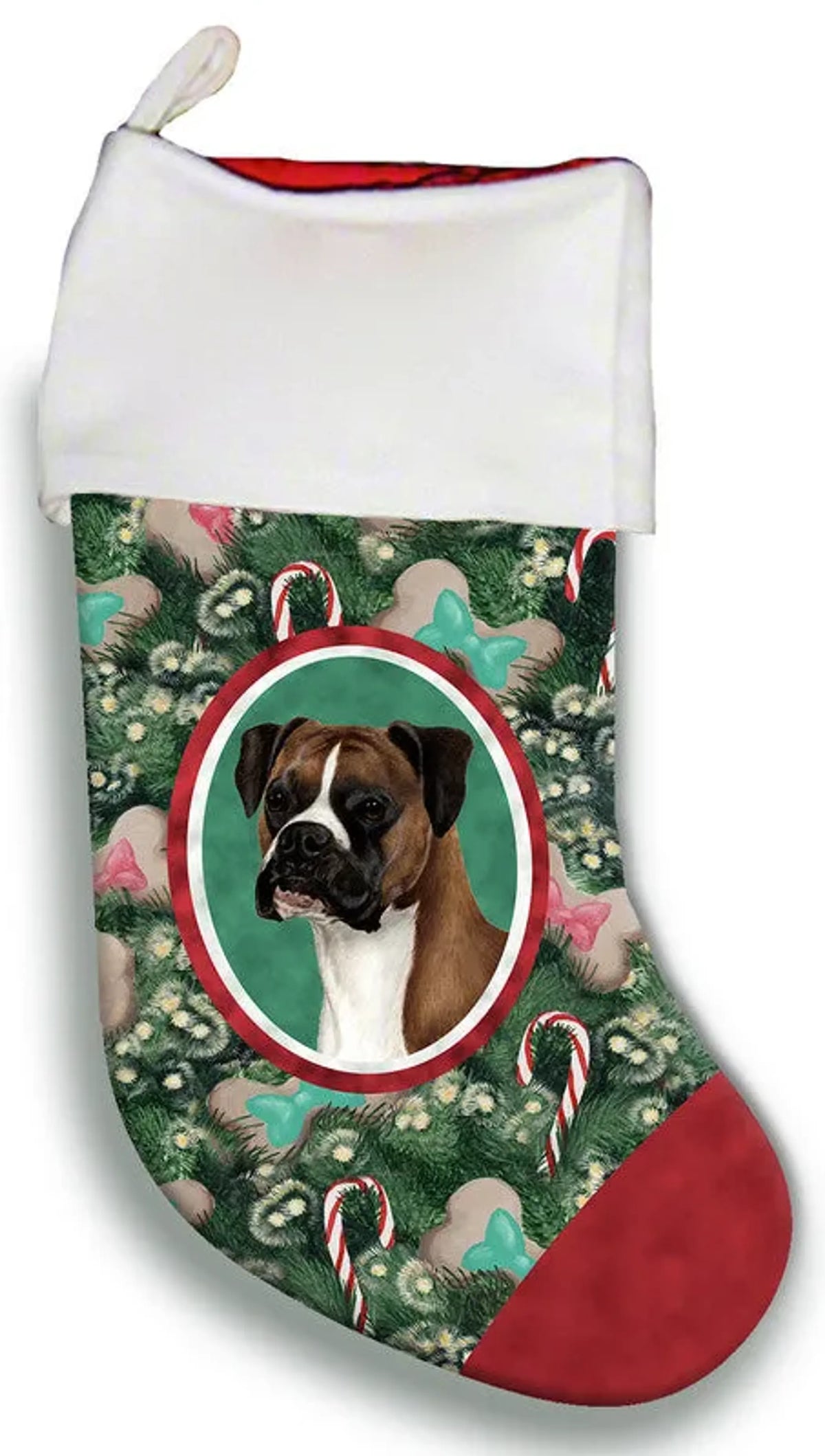 Christmas boxer stocking with a dog design on a green background