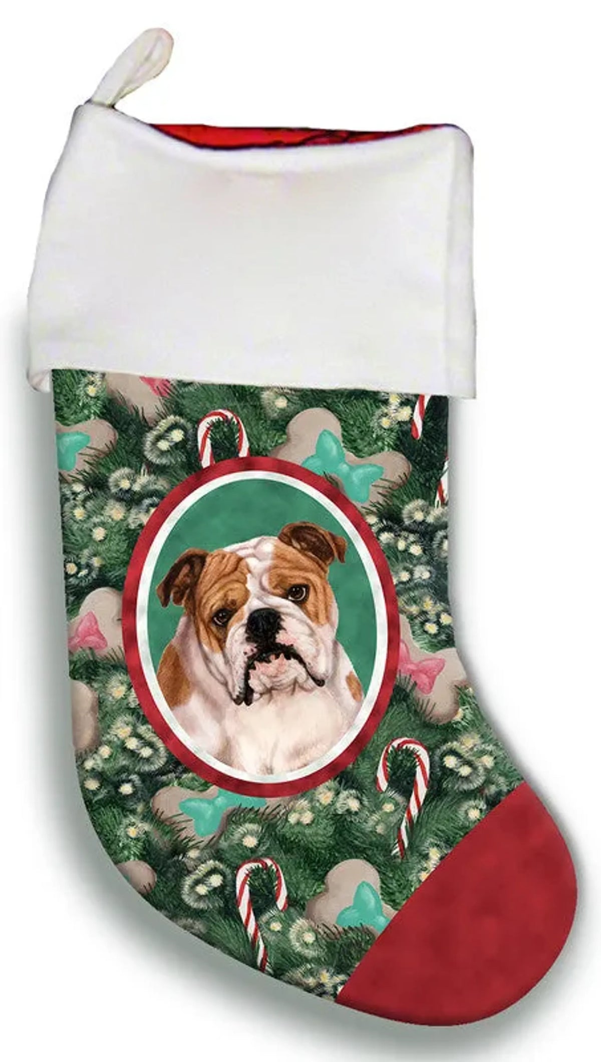 Christmas stocking with a bulldog design on a green background