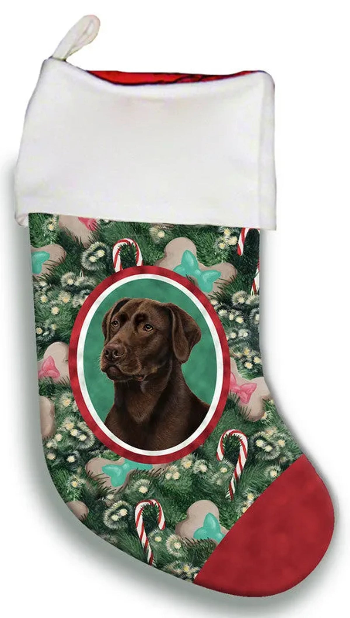 Christmas stocking with a dog design on a green background