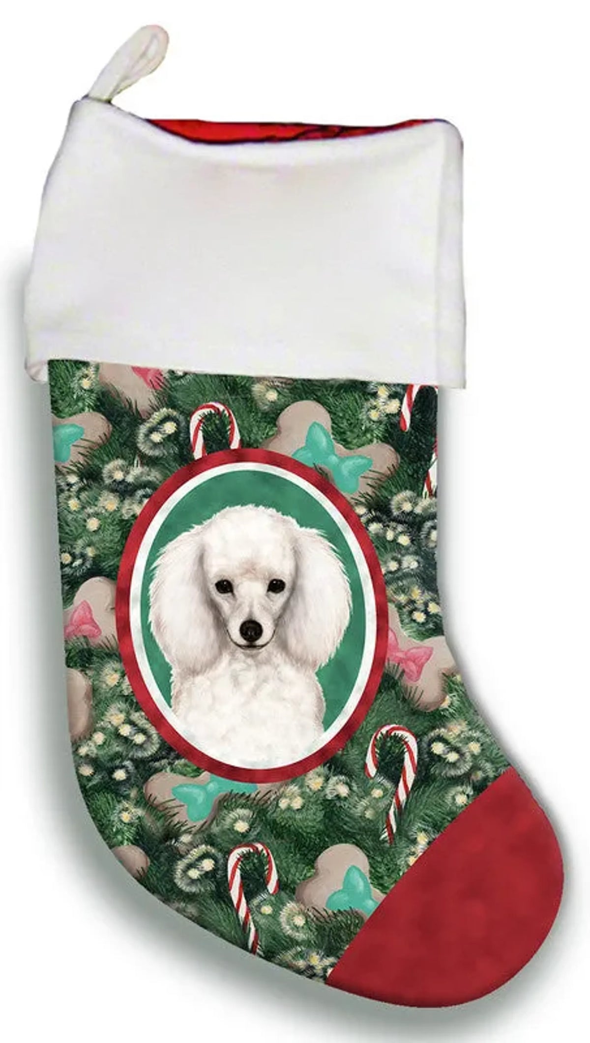 Christmas stocking with a white poodle design on a green background