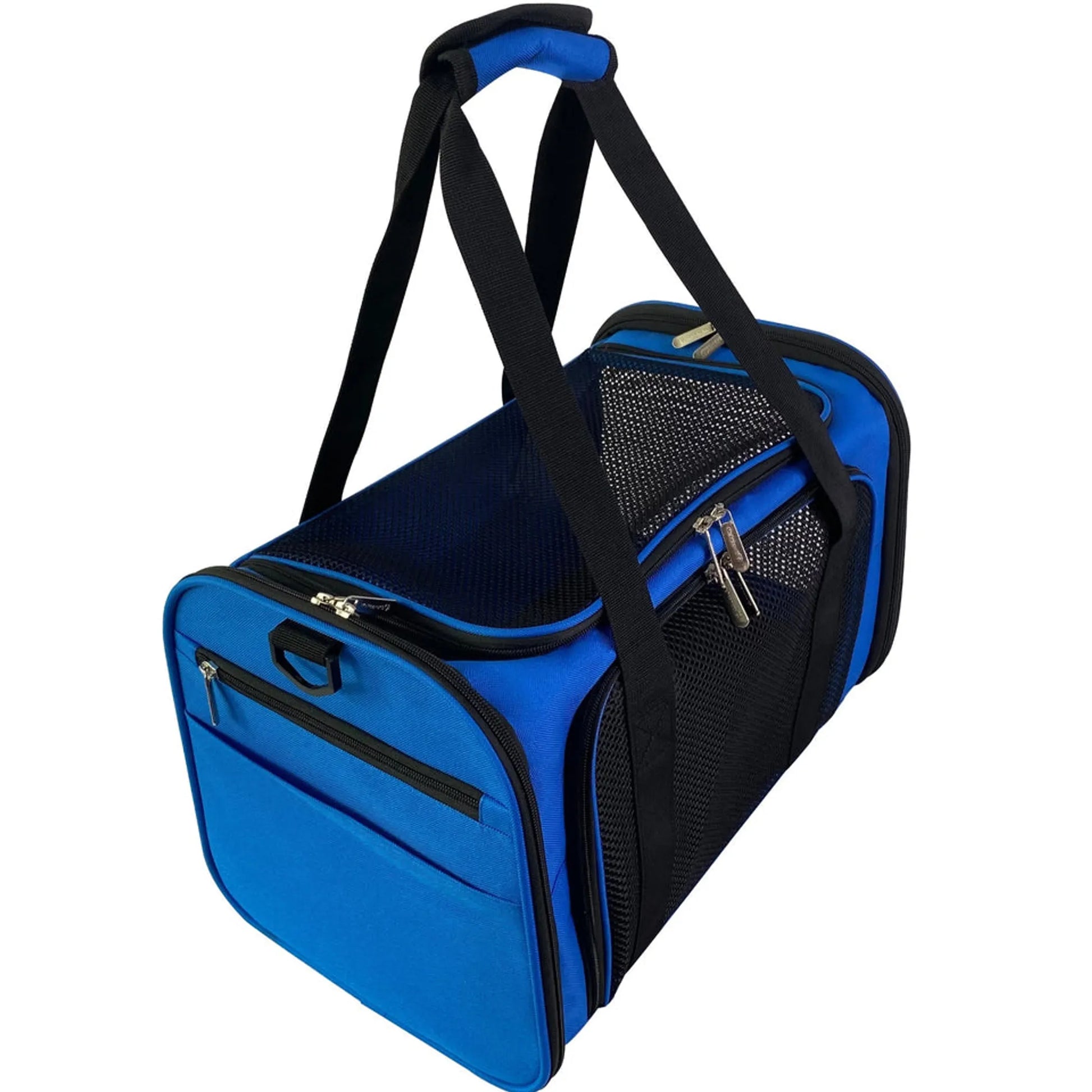 Blue and black pet carrier with handles on a white background