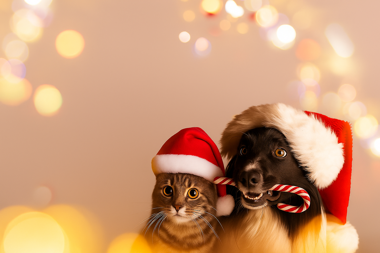 Cat and dog wearing christmas hats with peach background