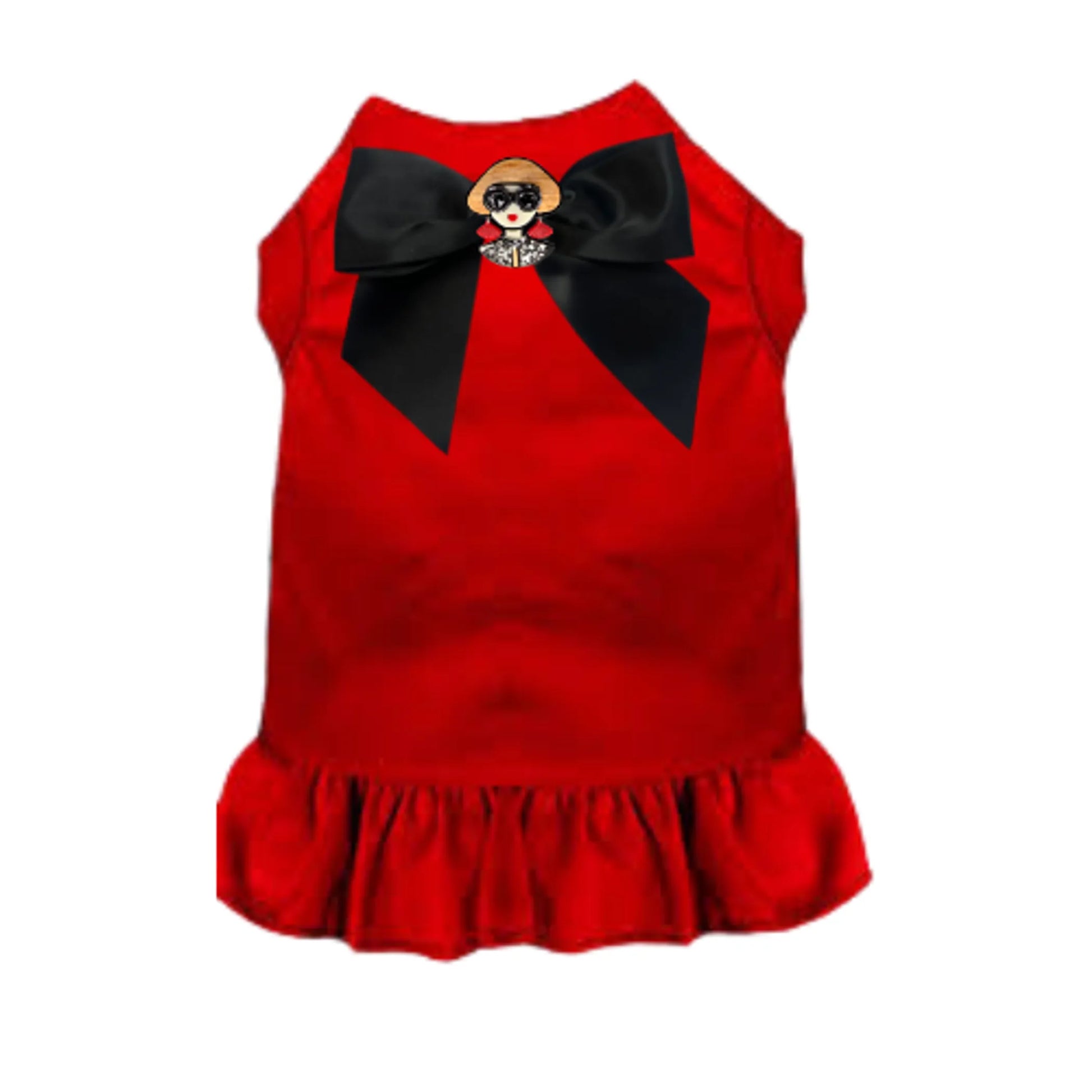 Red pet dress with a large black bow on a white background