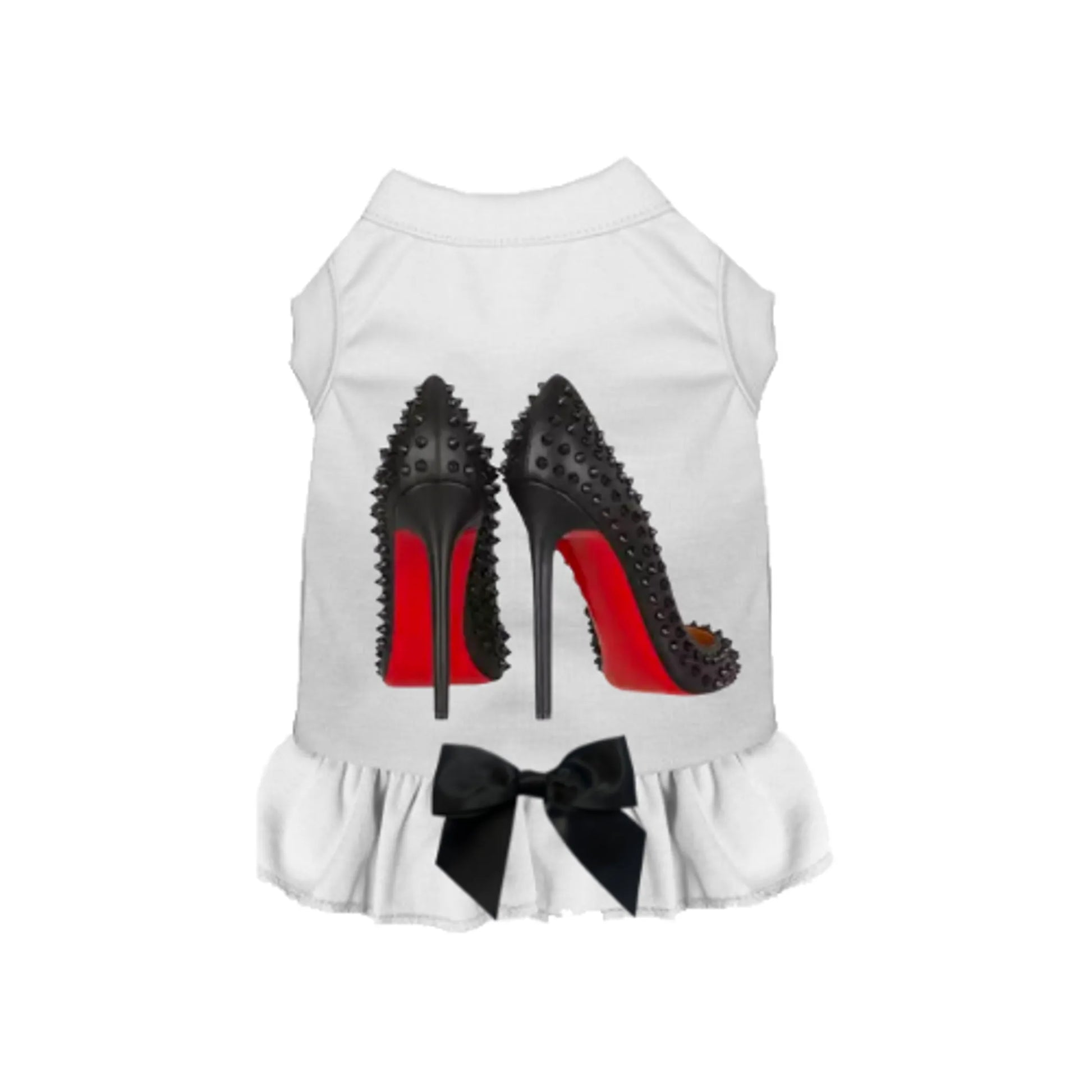 white Dog dress with red bottom  high-heeled shoe design and bow on a white background