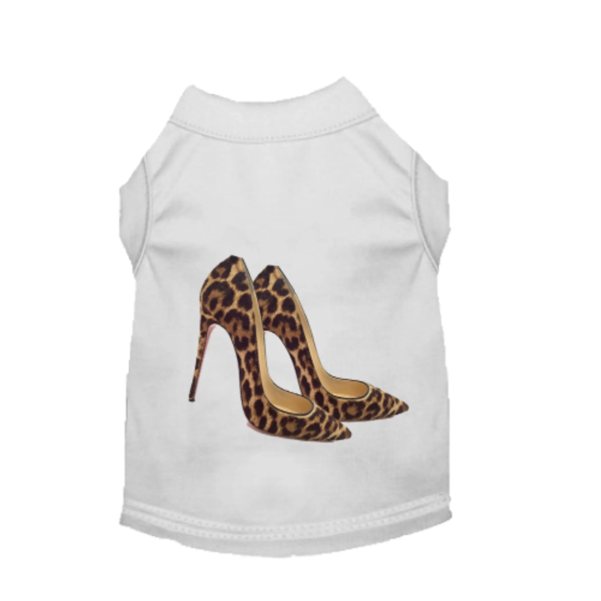 White pet shirt with leopard print high heels design on a white background