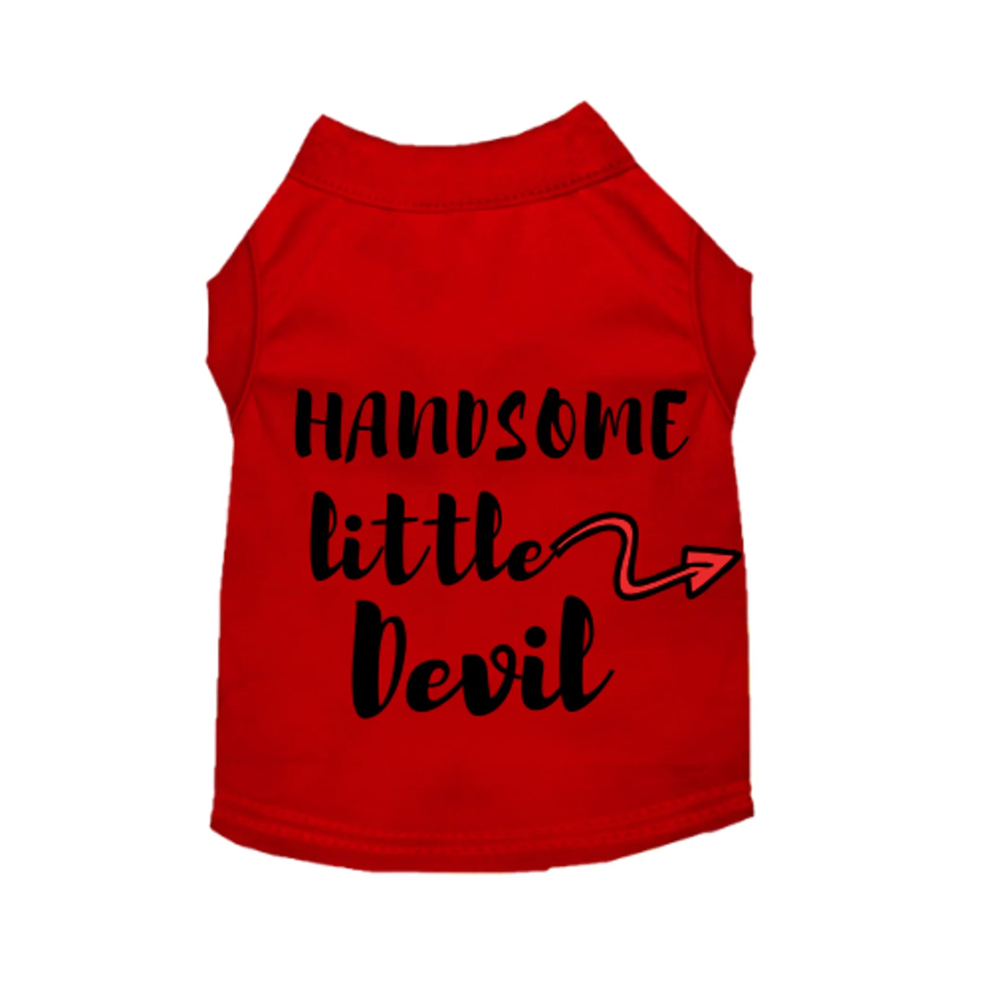 Red pet shirt with 'Handsome little Devil' text on a white background