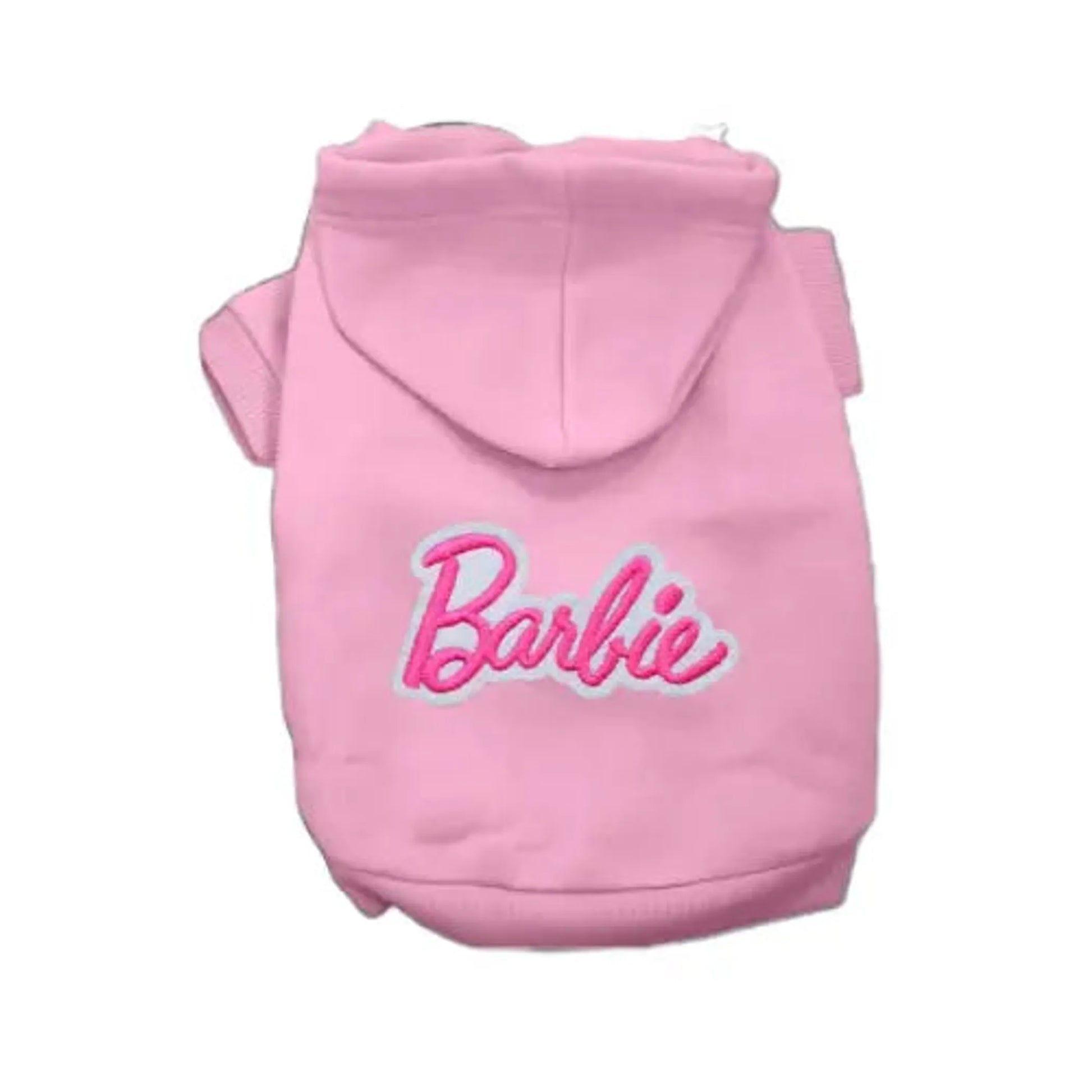 Pink hoodie with 'Barbie' text on a white background