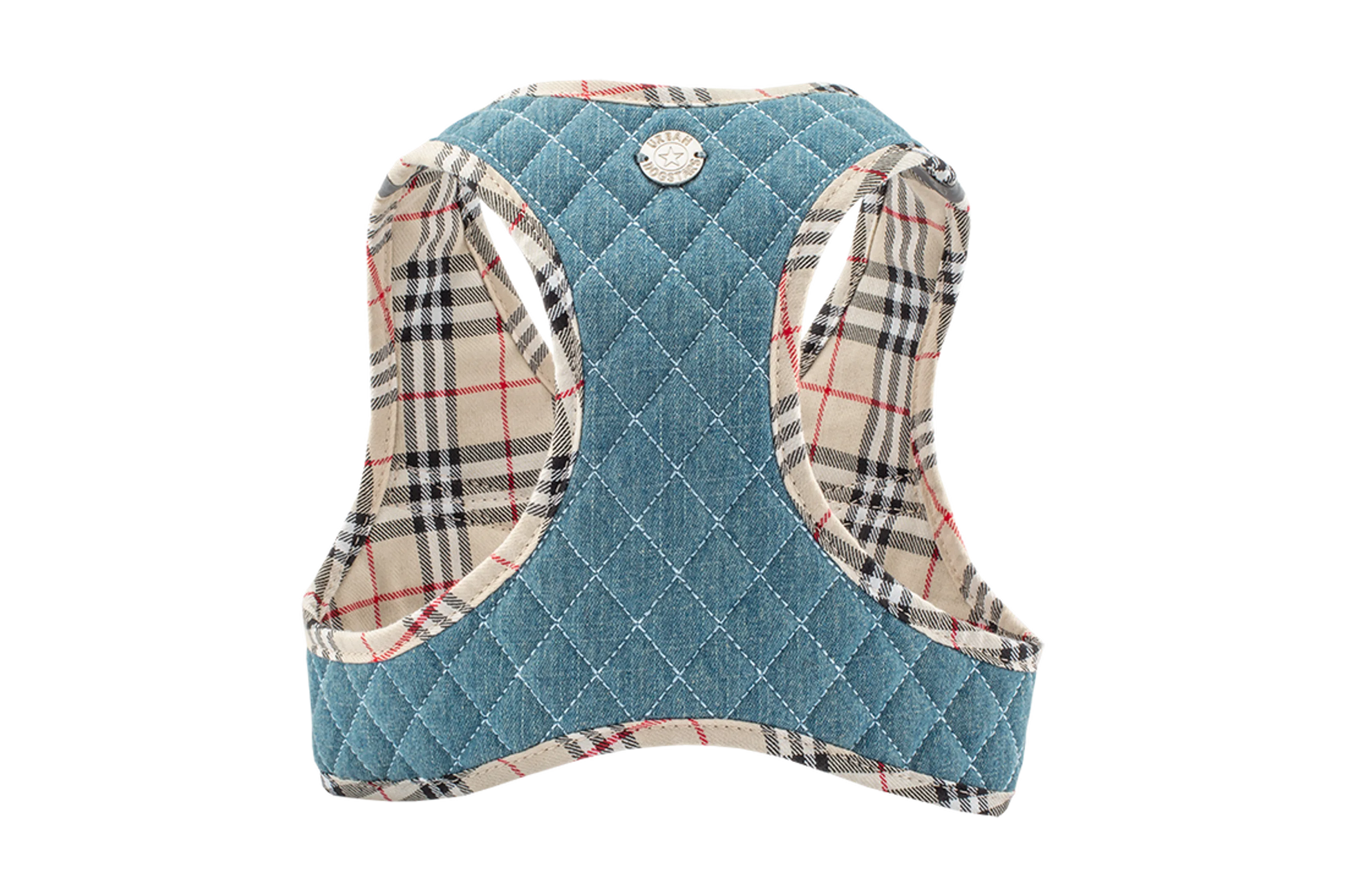 Pet harness with blue quilted design and plaid accents on a white background