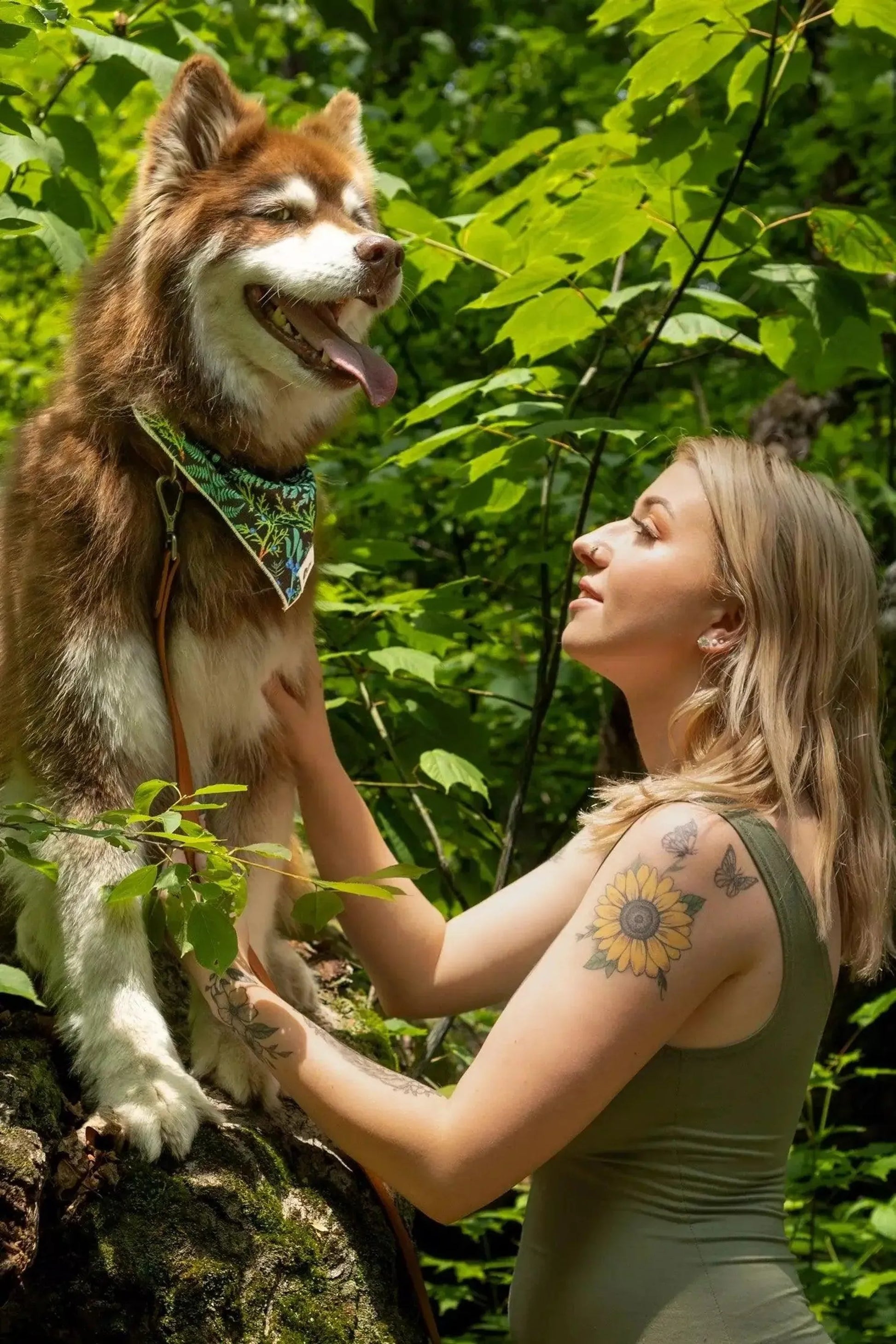 Dog wearing fern print bandana and owner
