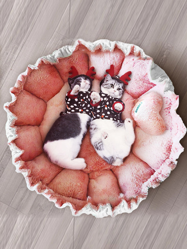 Two kittens snuggled in puffy pink cat bed