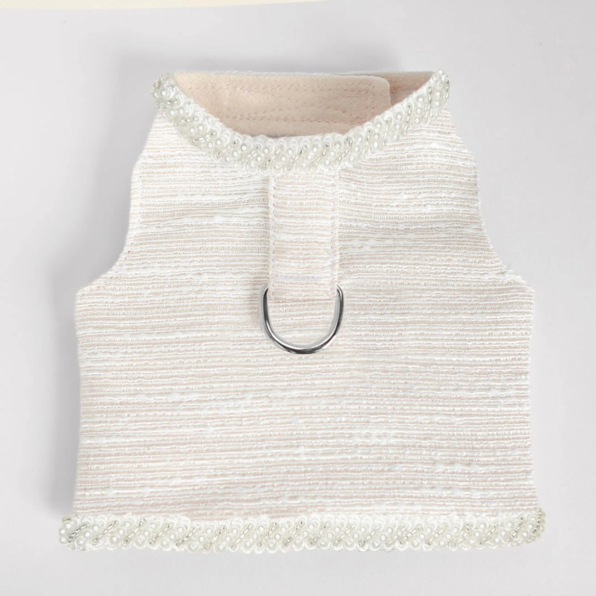 Peach and White woven dog harness with pearl trim