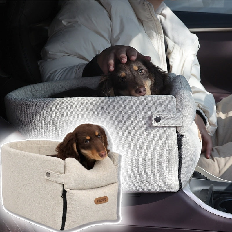 dog sitting in beige Car Seat Bed Portable Dog Carrier in car with man