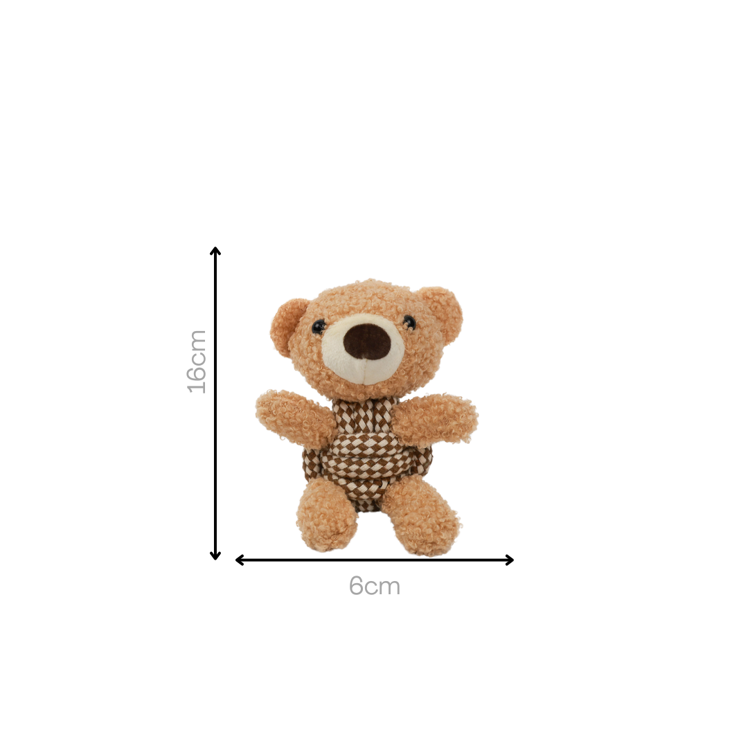 Small teddy bear with dimensions labeled on a white background