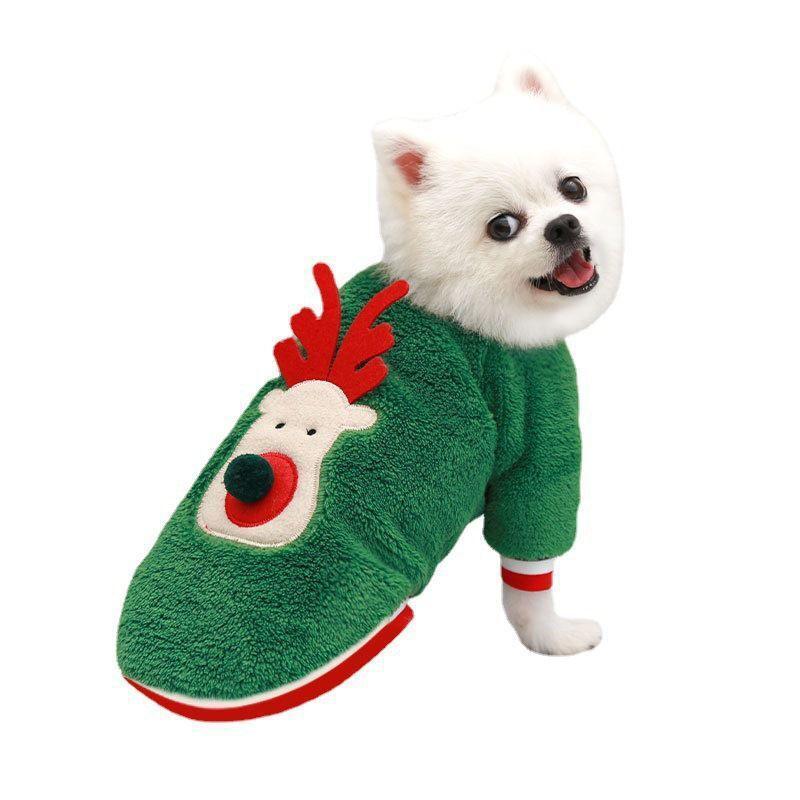 white dog wearing green Cozy Christmas reindeer Pet Sweater With Velvet Print-4