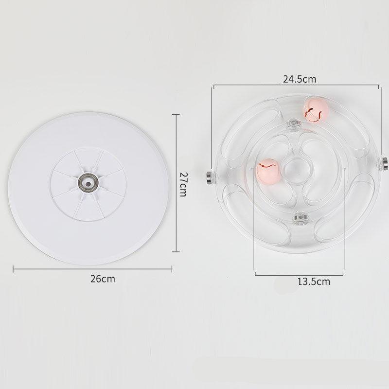 Measurement chart of a circular cat toy with dimensions labeled on a white background