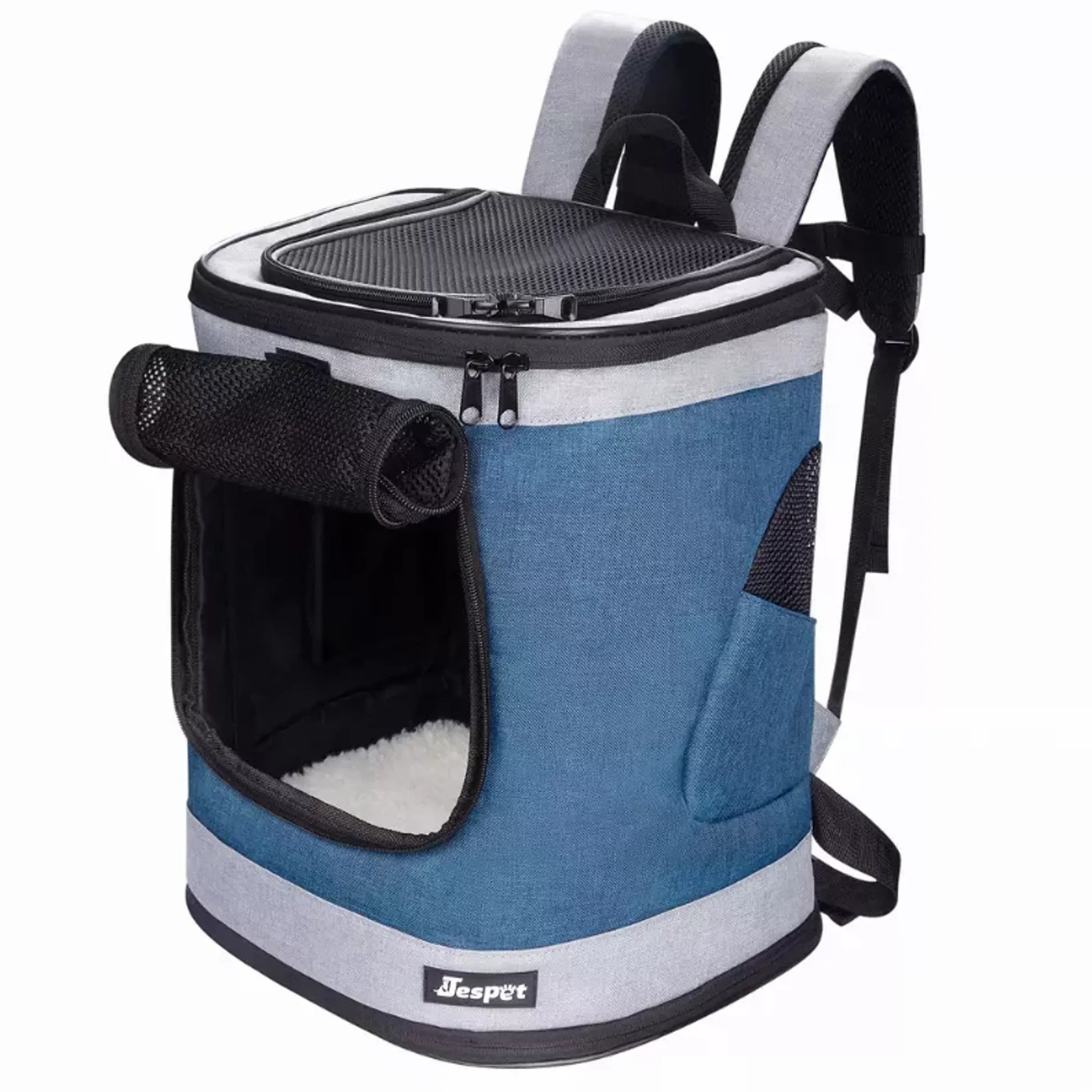 Blue and gray pet carrier backpack with a visible brand logo on a white background