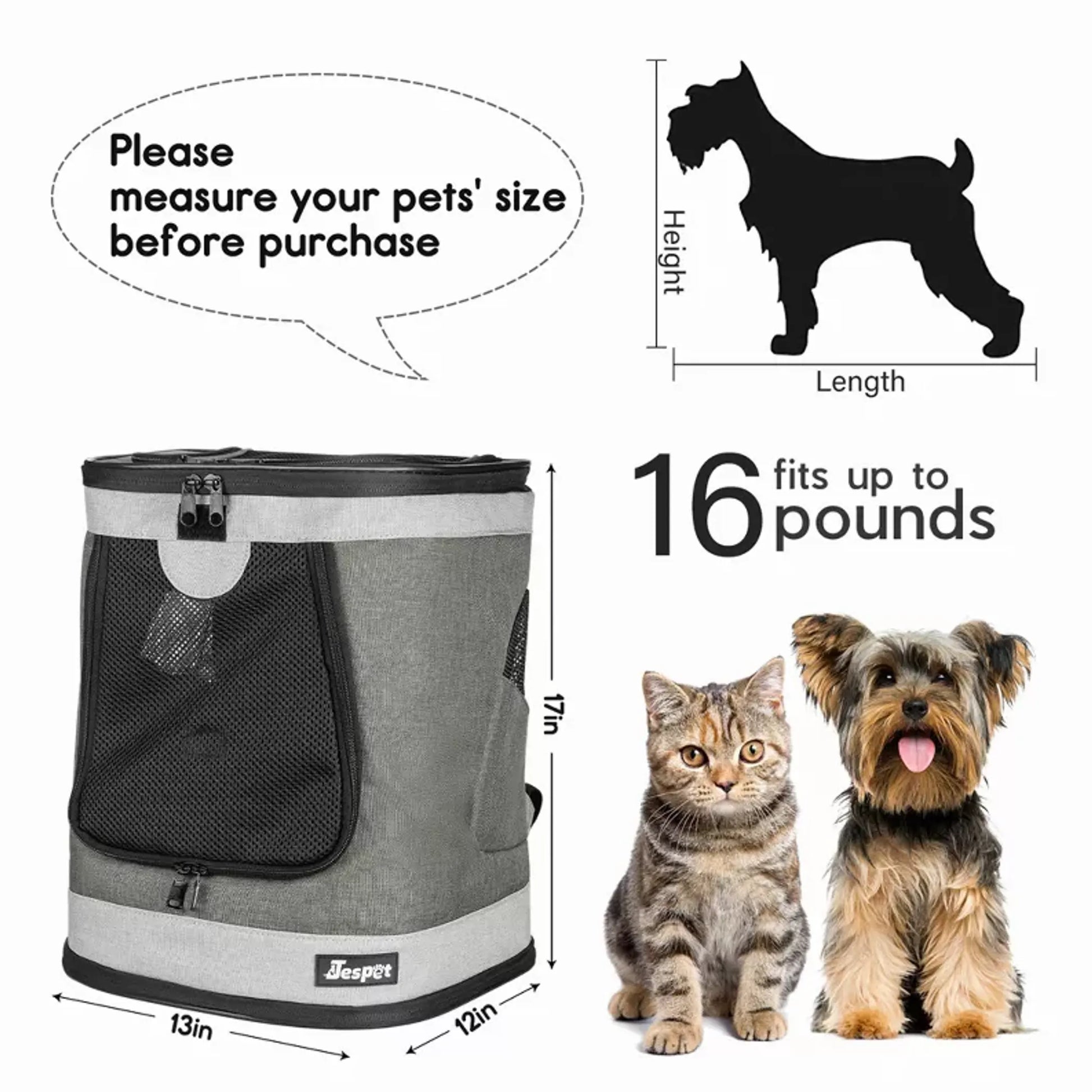 Pet carrier with dimensions and illustrations of a cat and dog, along with text for pet size measurement.