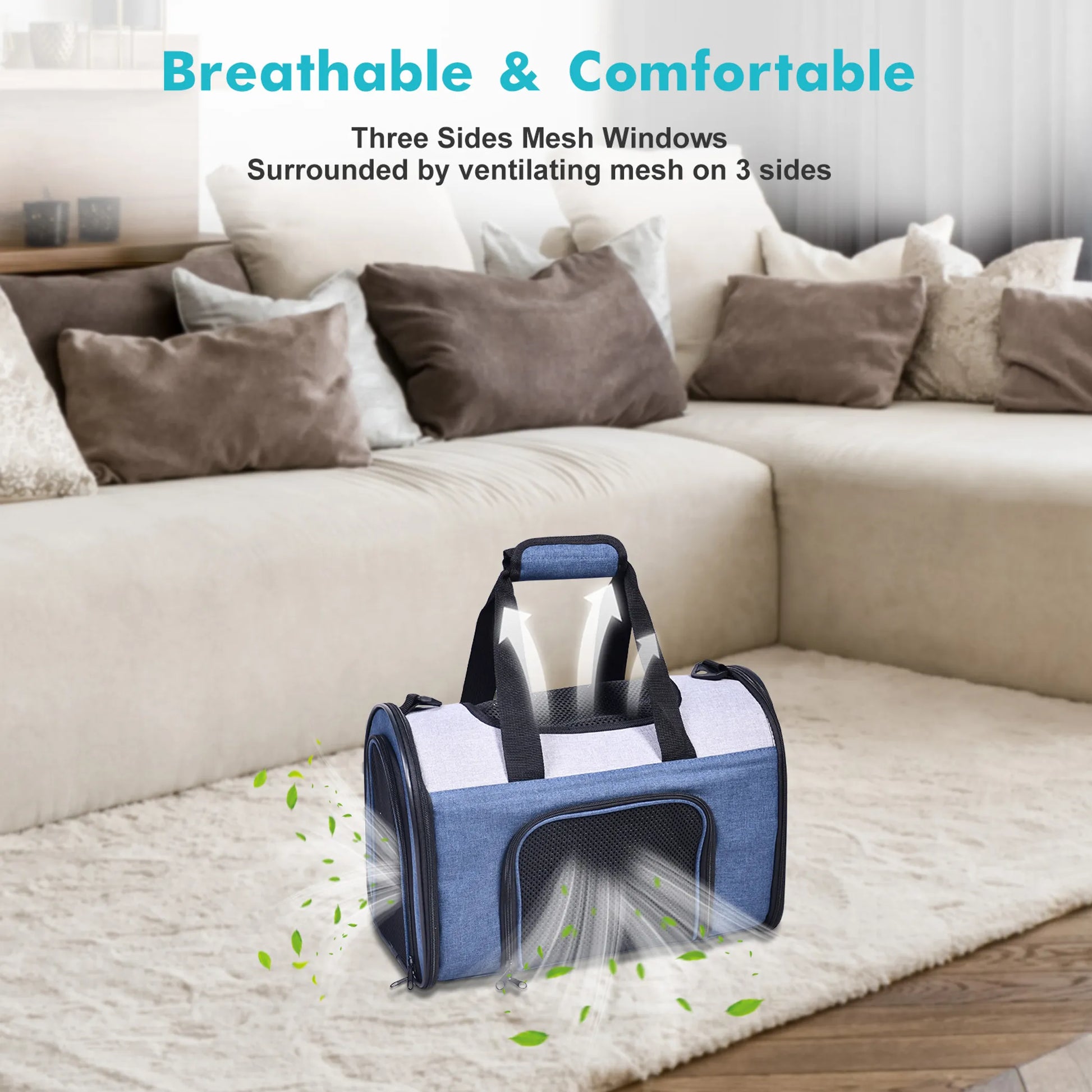 Blue jesper soft sided pet carrier showing breathability 