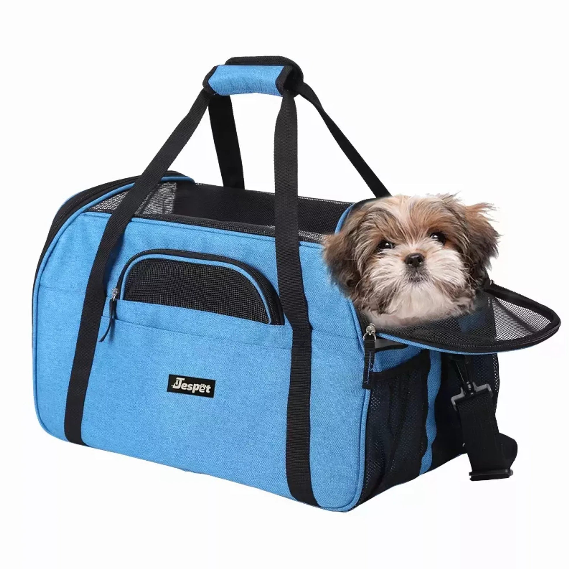 Dog in sky blue jesper soft sided pet carrier