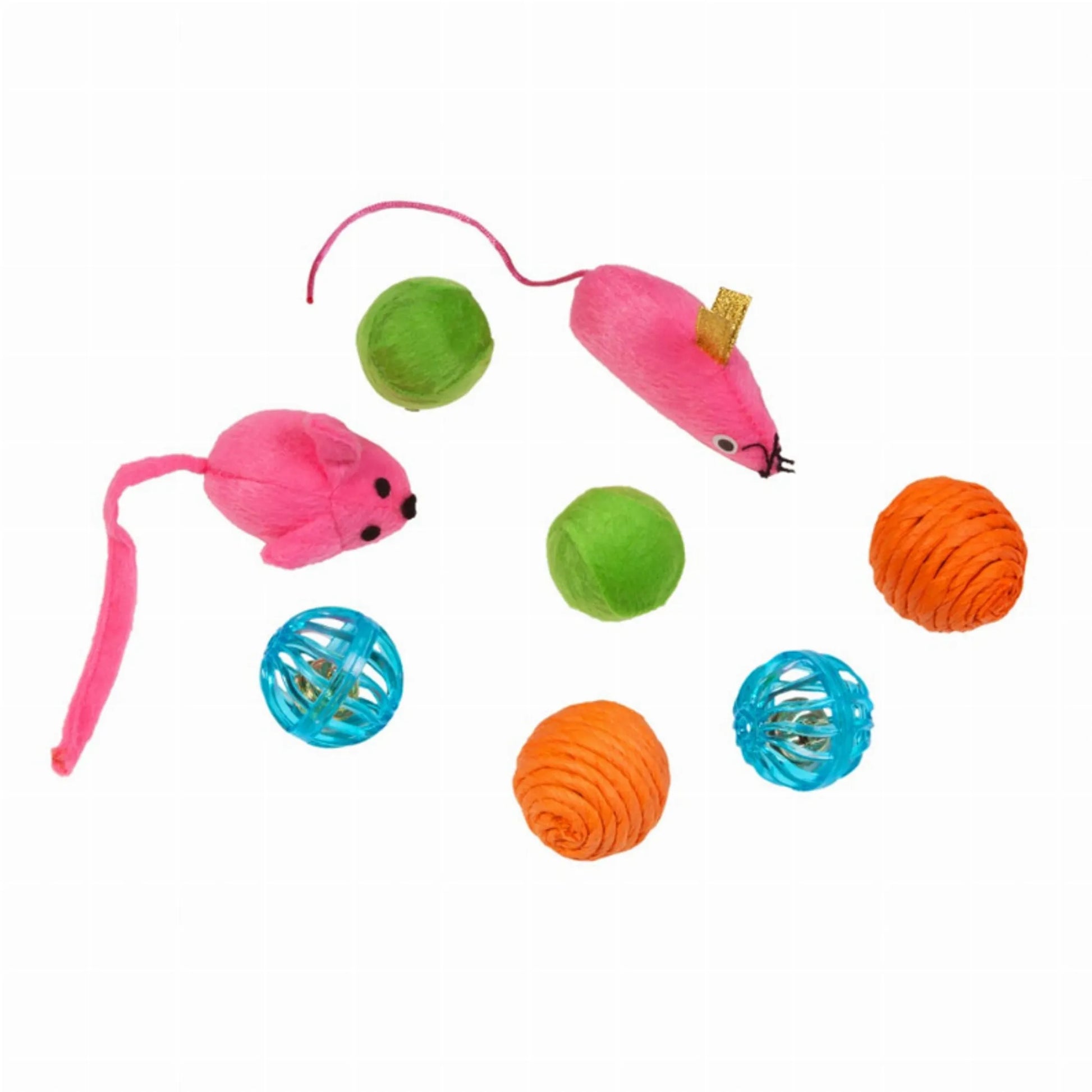 Assorted colorful cat toys including mice and balls on a white background
