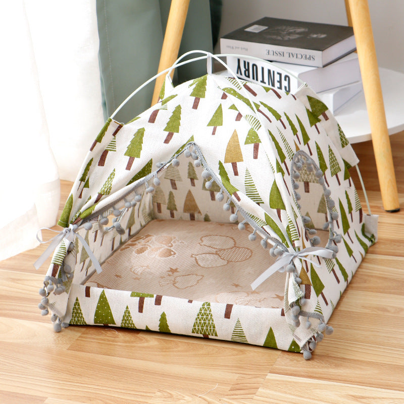 White tree printed cat tent with beige inner bed