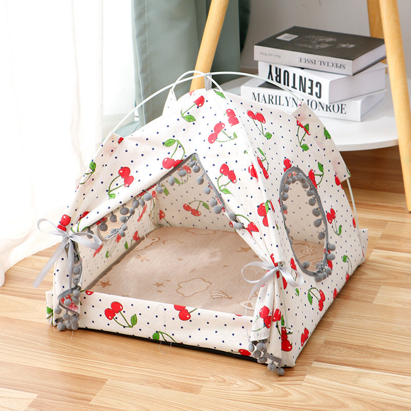 Whire cherry dotted cat tent with beige in