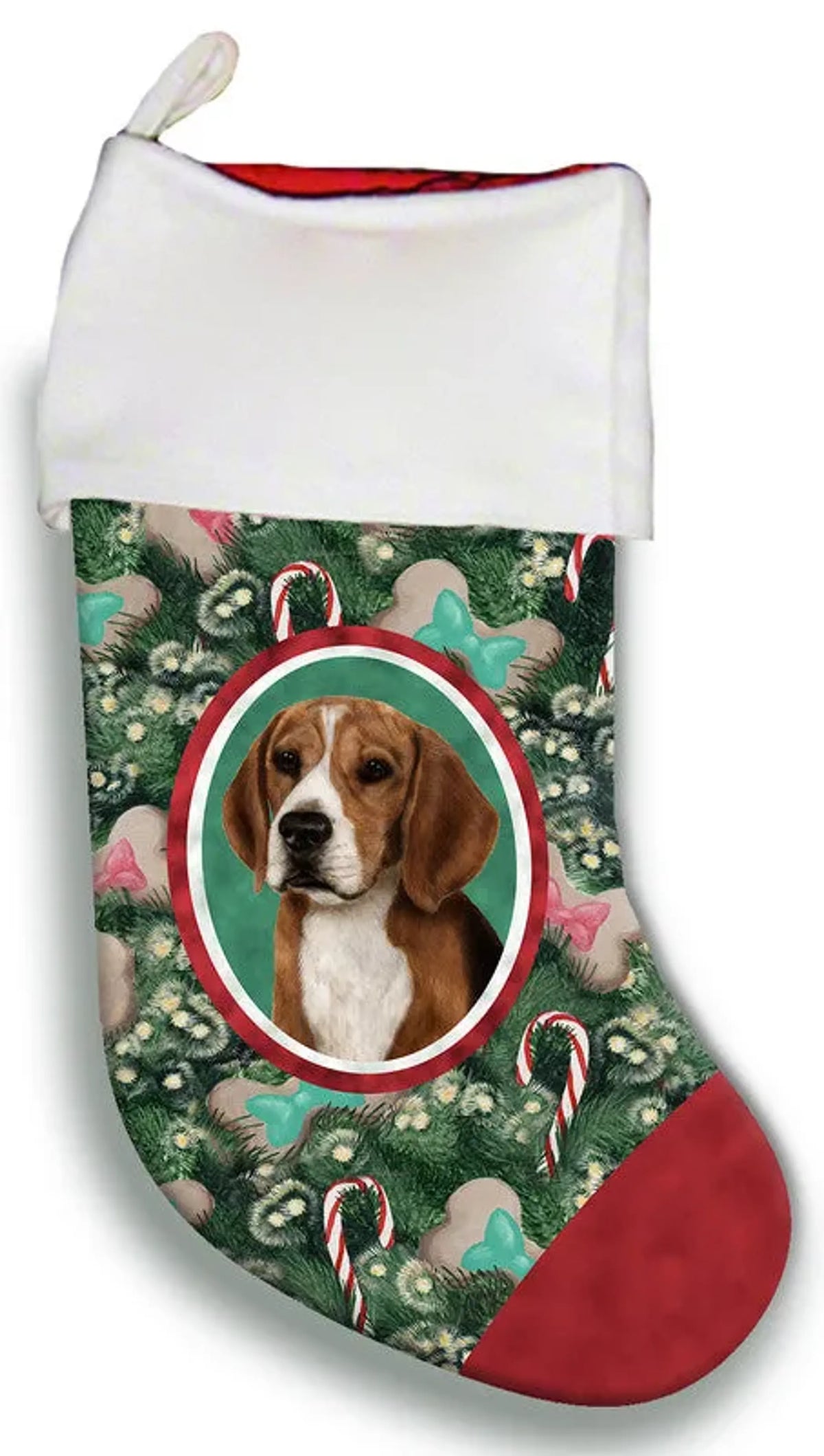 Christmas beagle stocking with a dog design on a white background