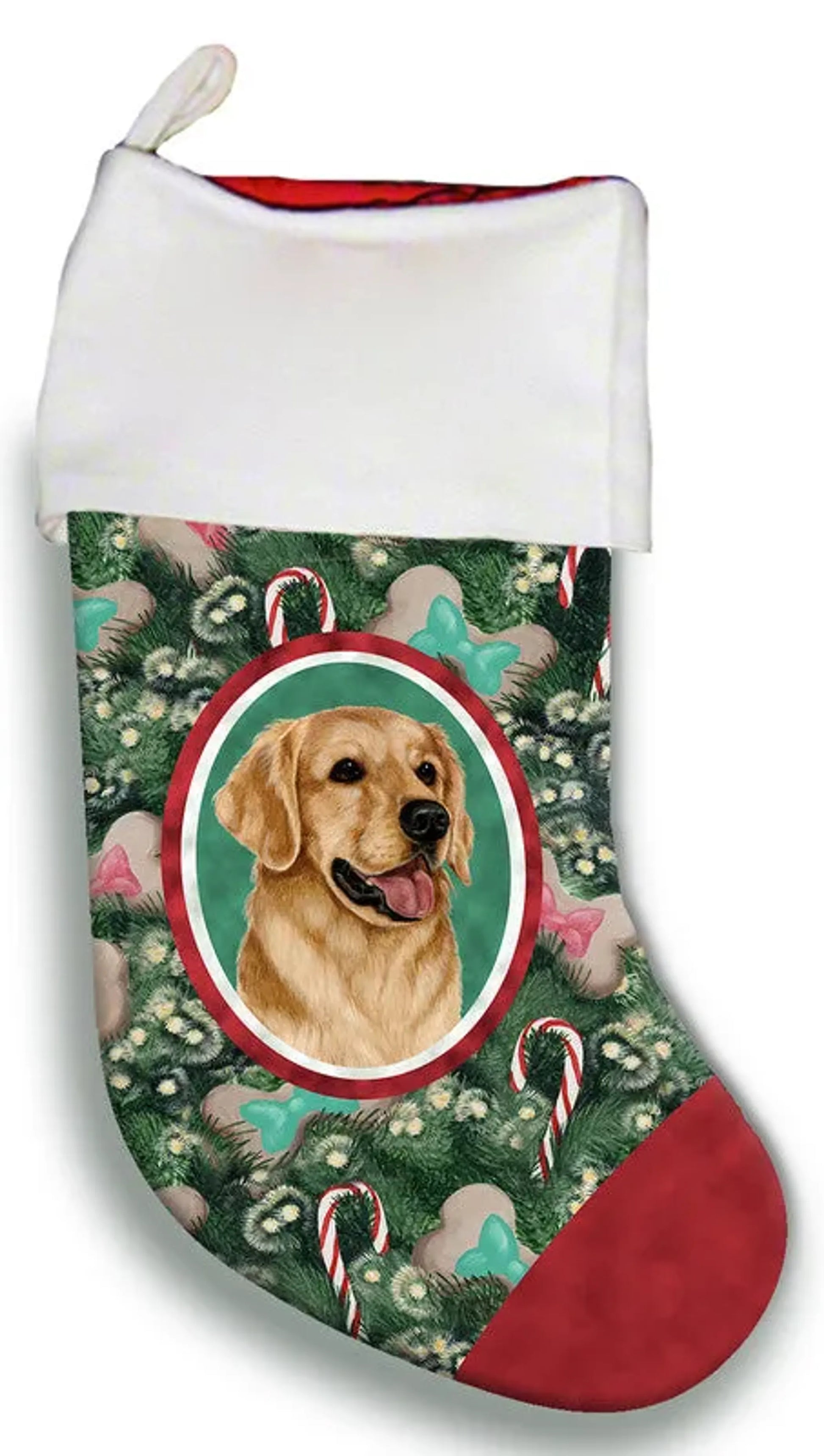 Christmas stocking with a golden retriever design on a green background