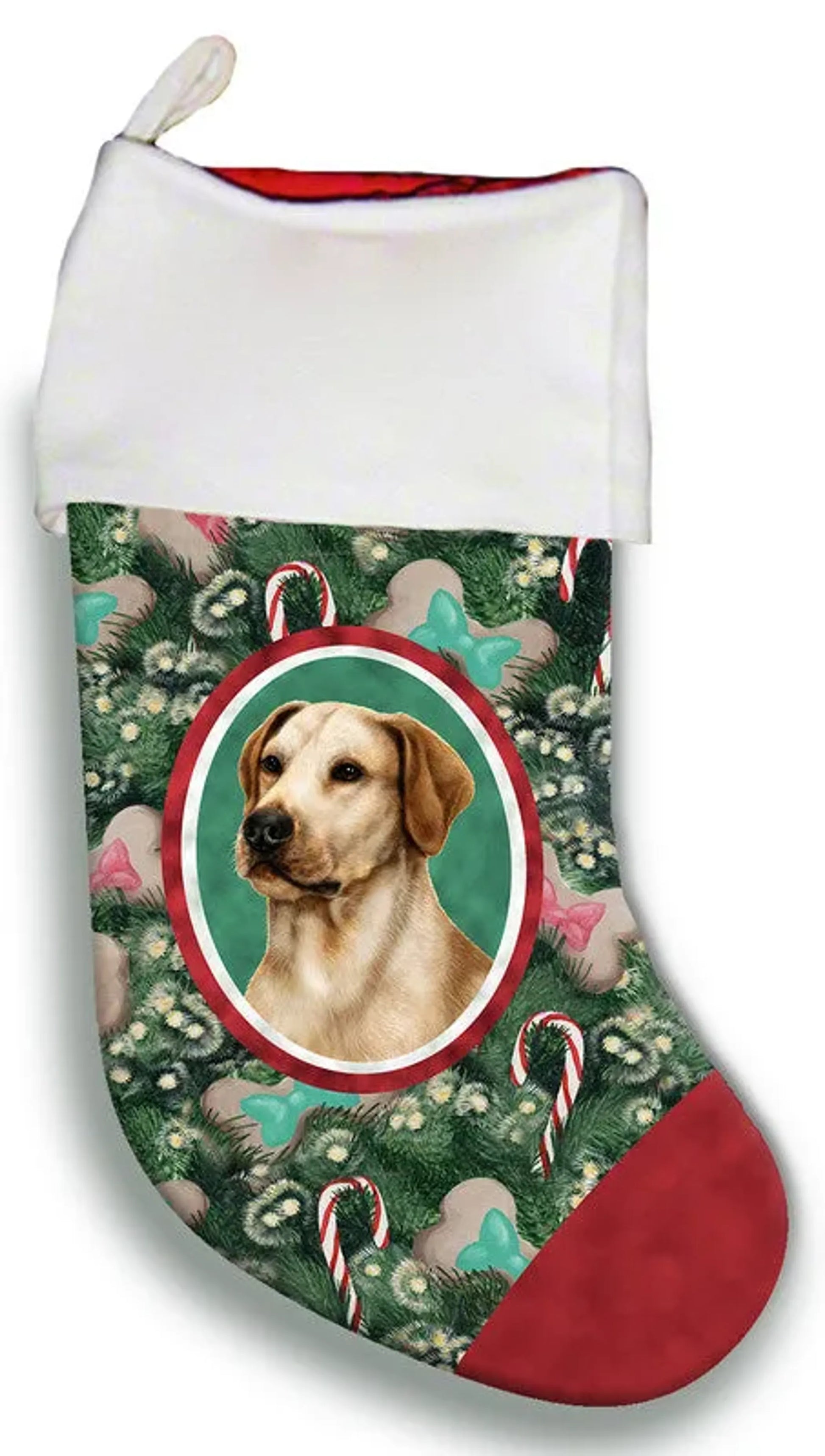 Christmas stocking with a dog design on a green background