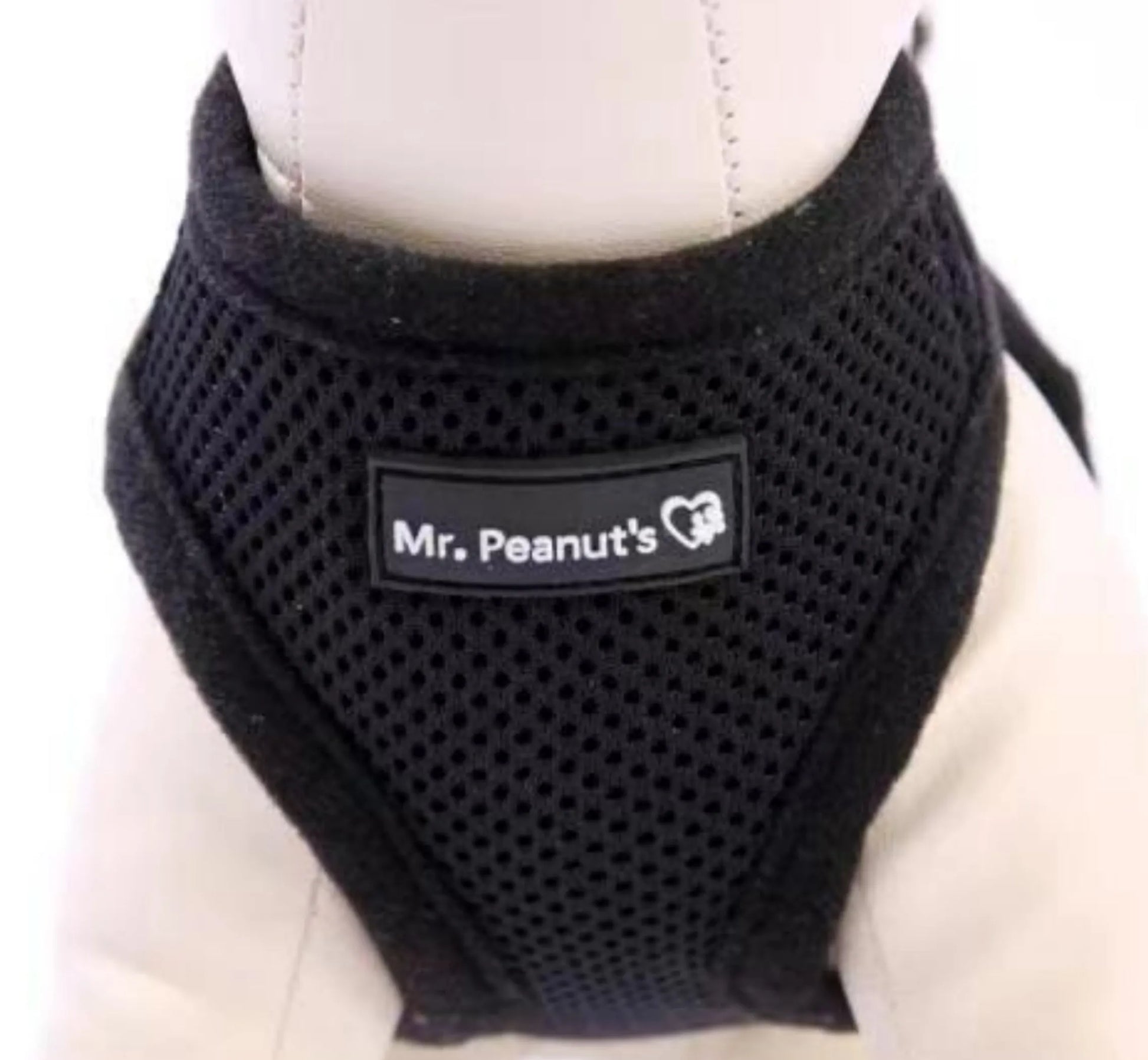 Black dog harness with 'Mr. Peanut's' label on a mannequin.