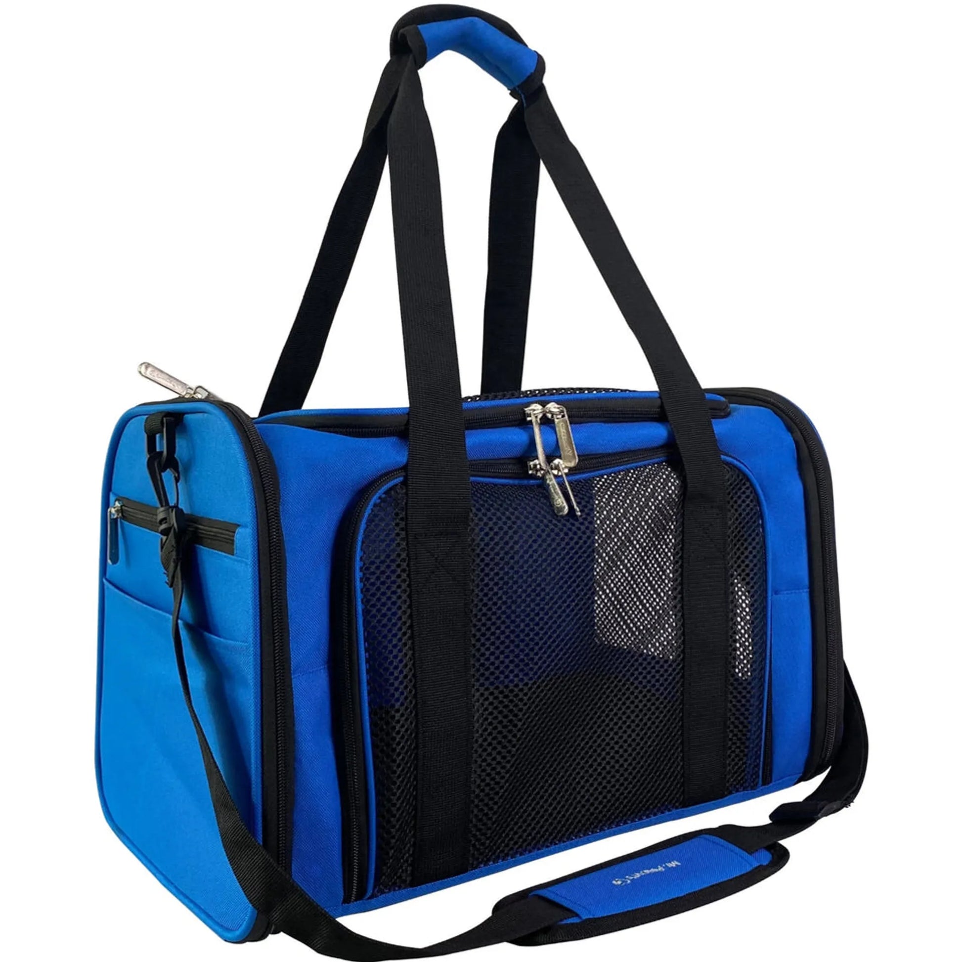 Blue pet carrier with black straps on a white background