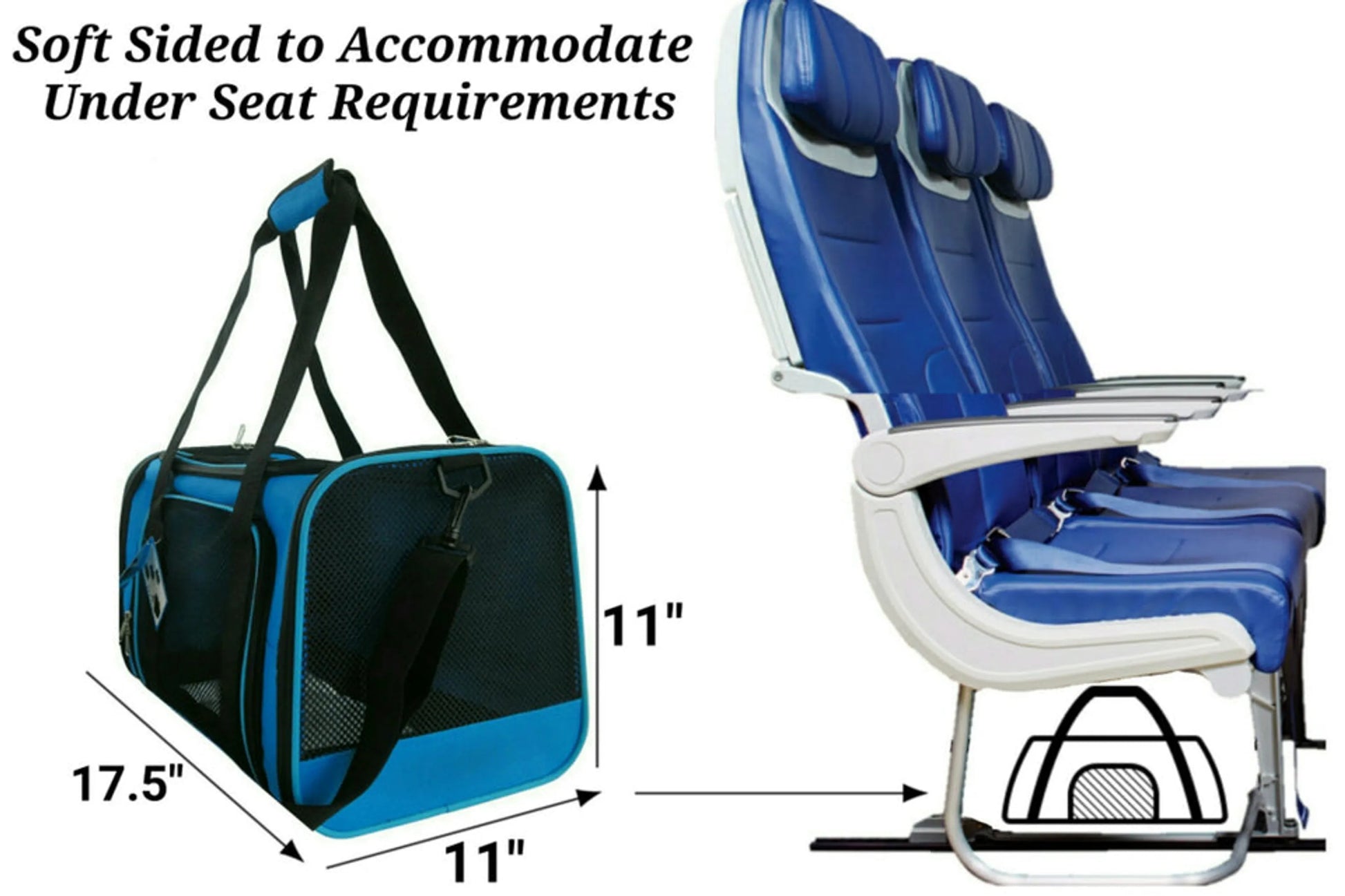 Blue soft-sided pet carrier with dimensions and a comparison to an airplane seat.