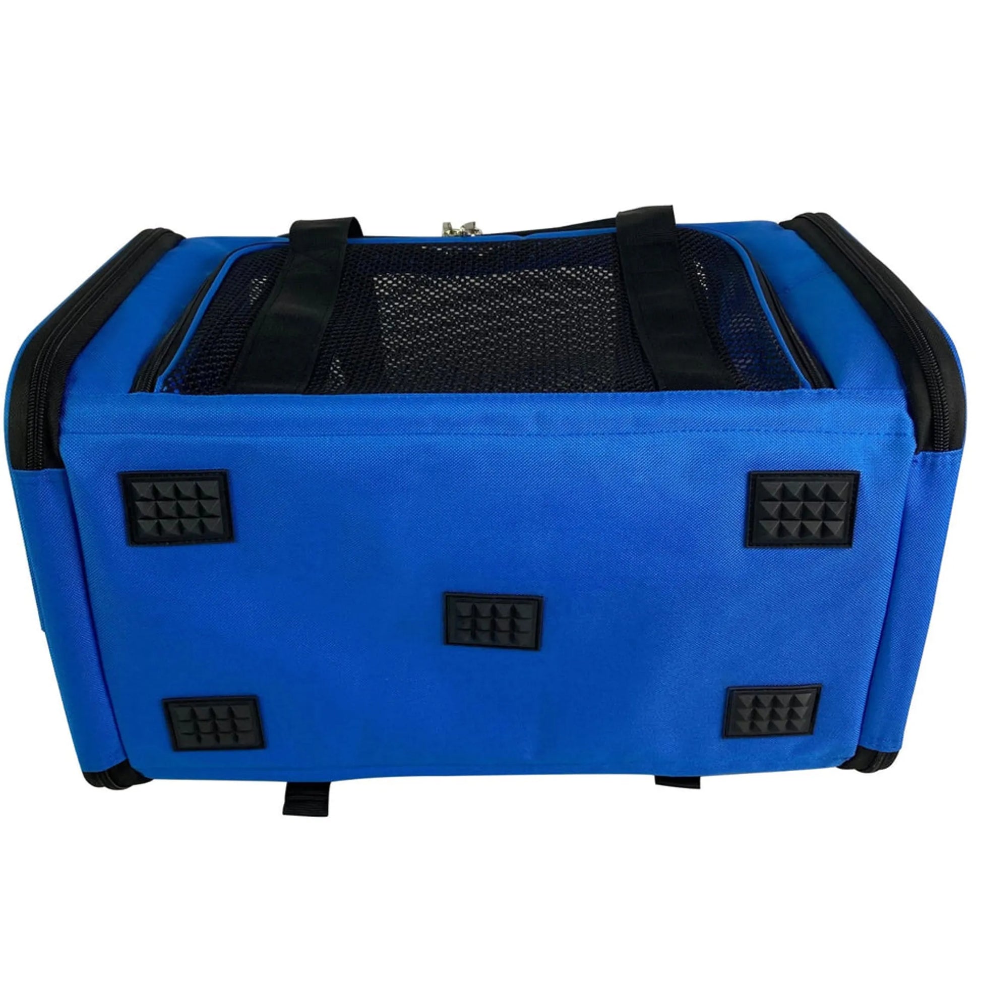 bottom of Blue pet carrier with black accents on a white background