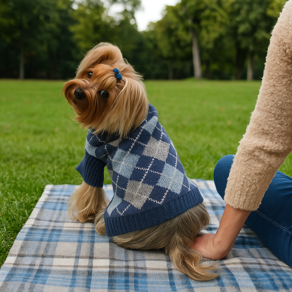 Dog wearing a blue checkered sweater sitting on a plaid blanket with a person in a park.