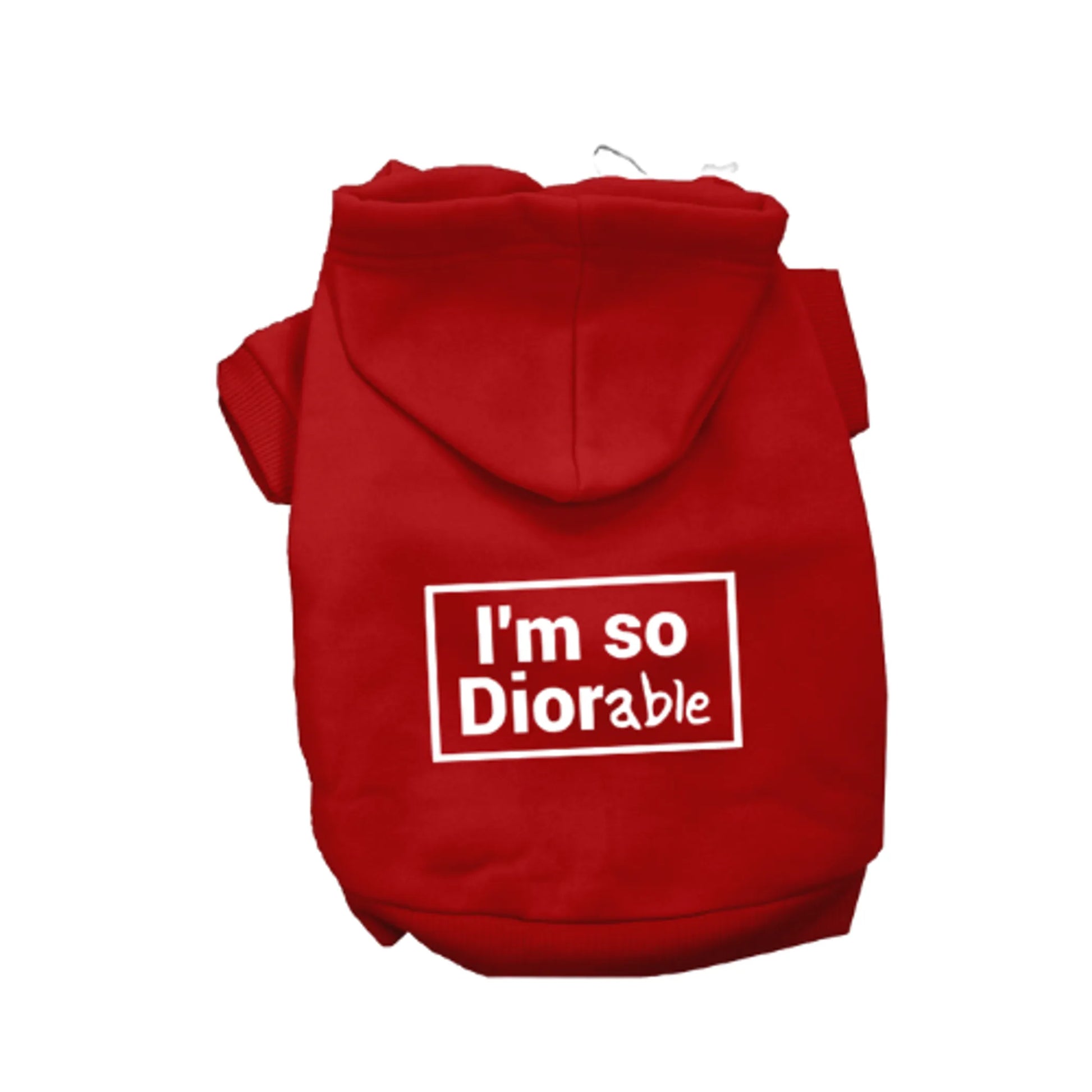 Red pet hoodie with 'I'm so Diorable' text on a white background