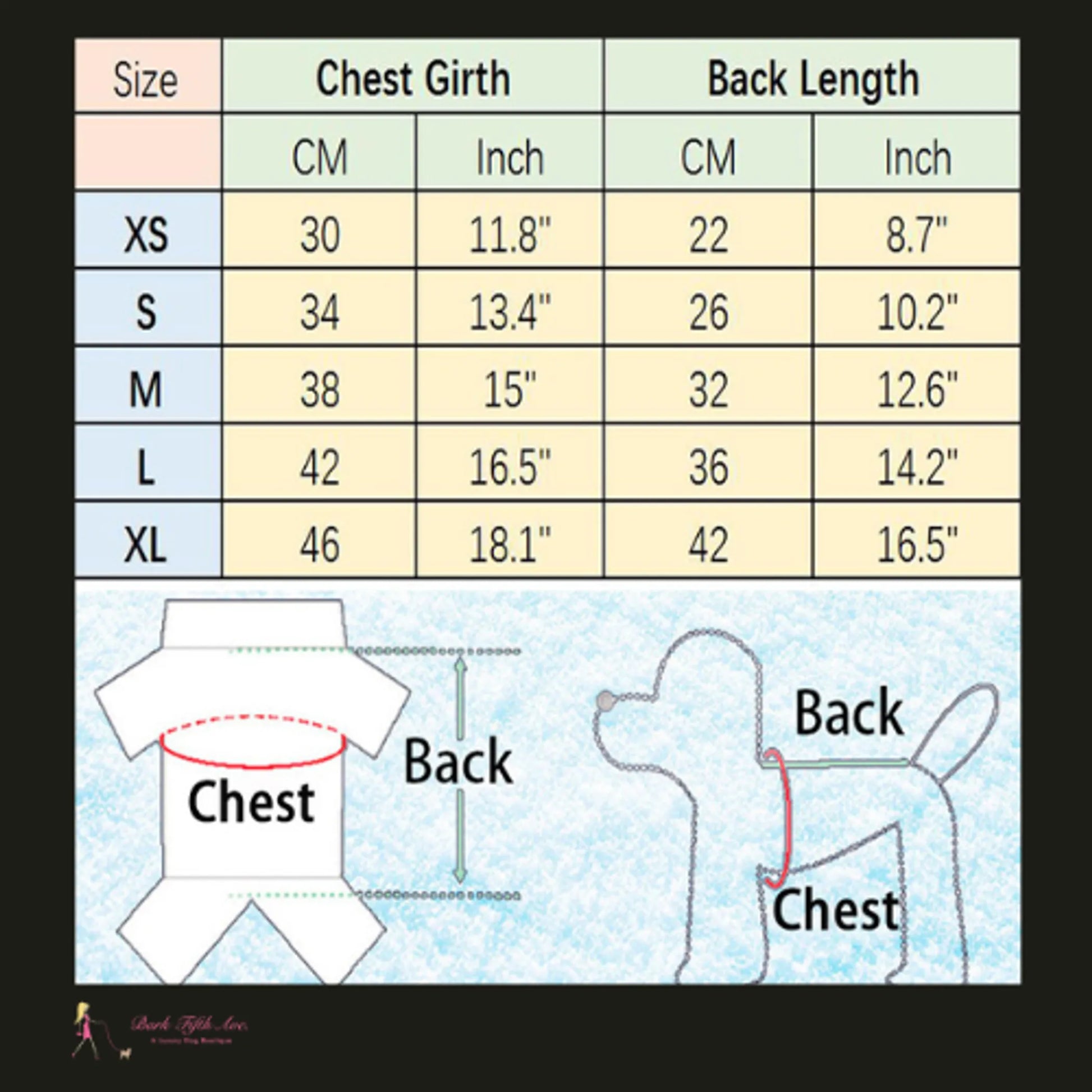 Dog coat size chart with measurements for chest girth and back length.