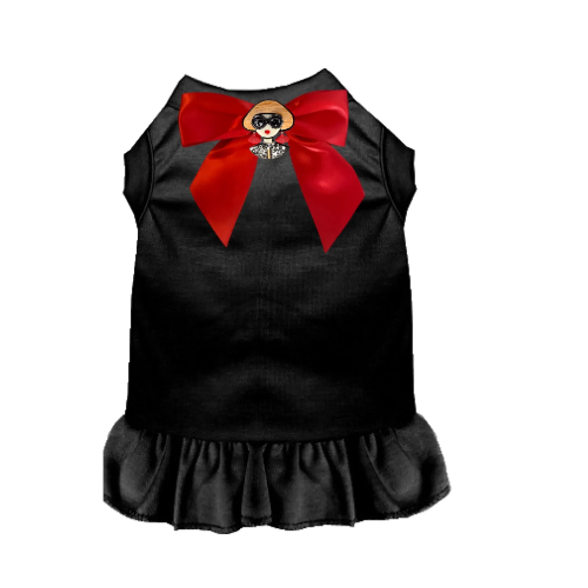 Black pet dress with a large red bow on a white background