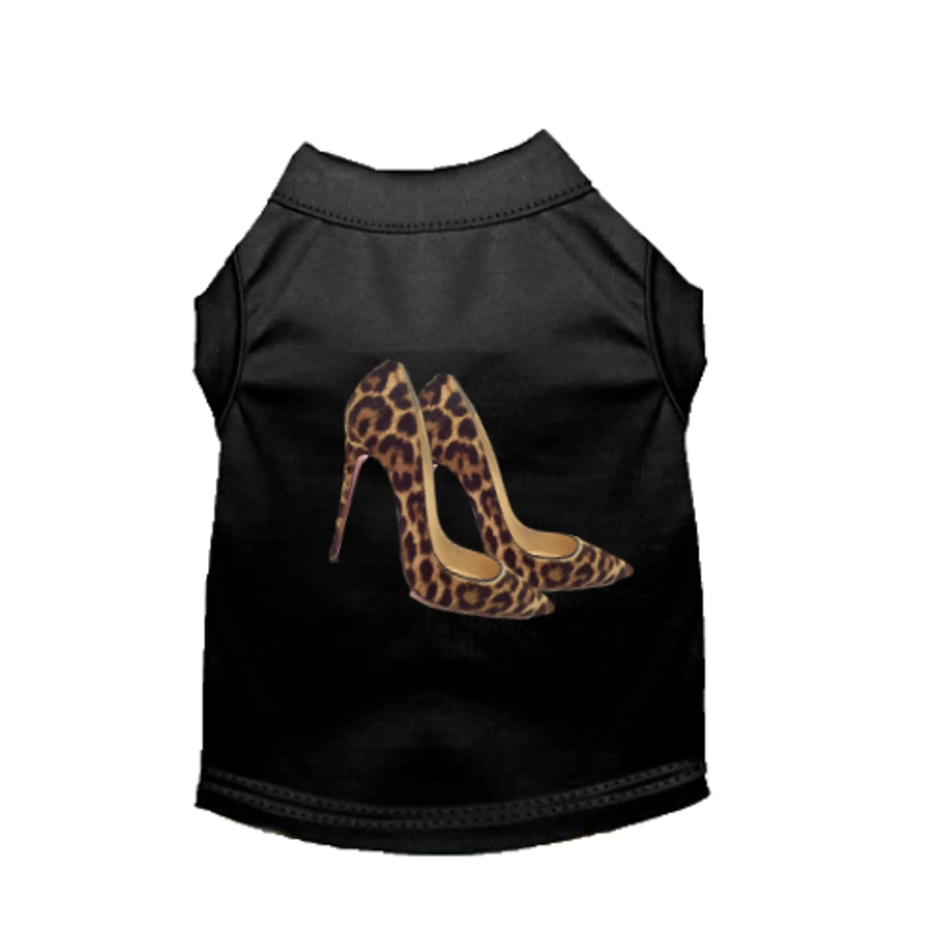Black pet shirt with leopard print high heels design on a white background