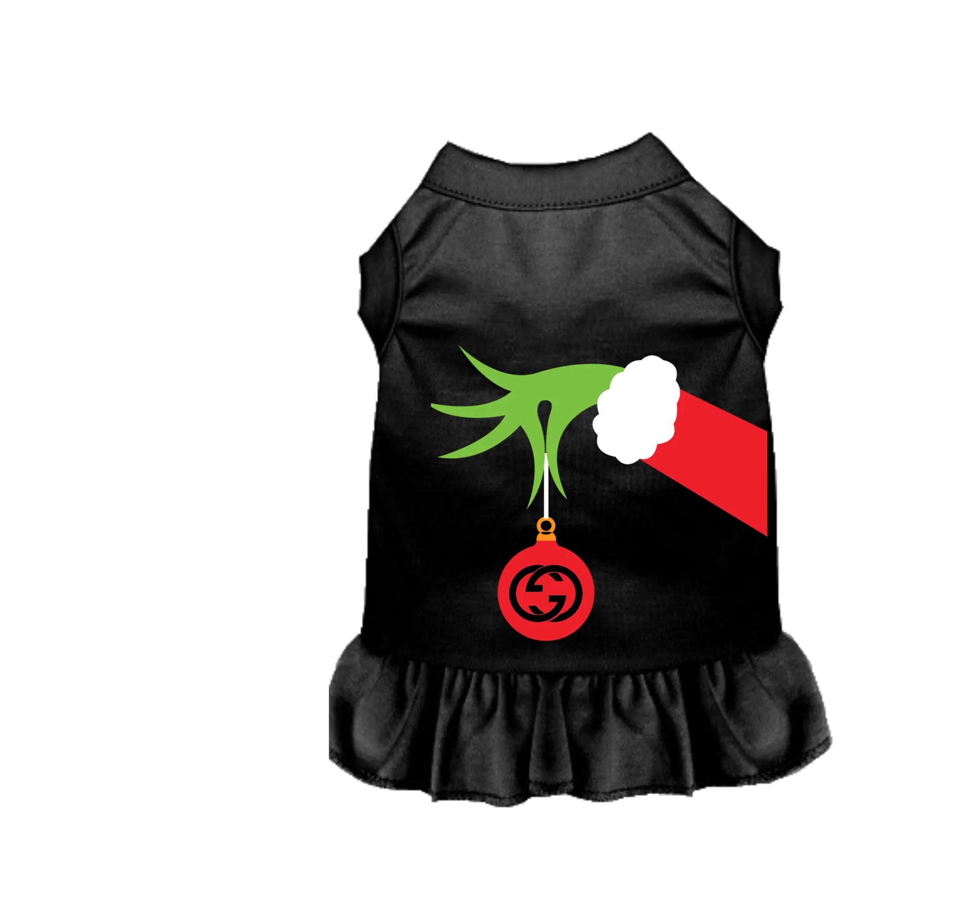 Black pet dress with grinch hand festive design on a white background