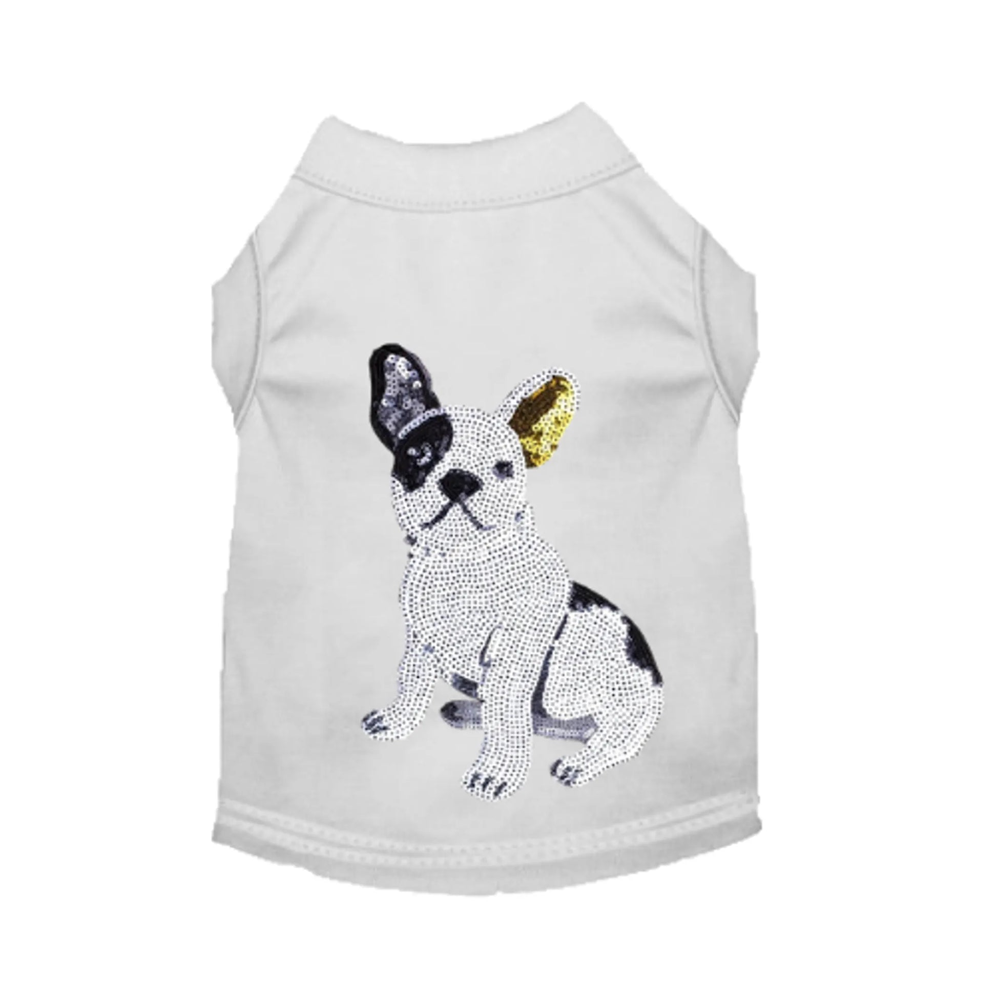 White dog tee with sequin french bull dog