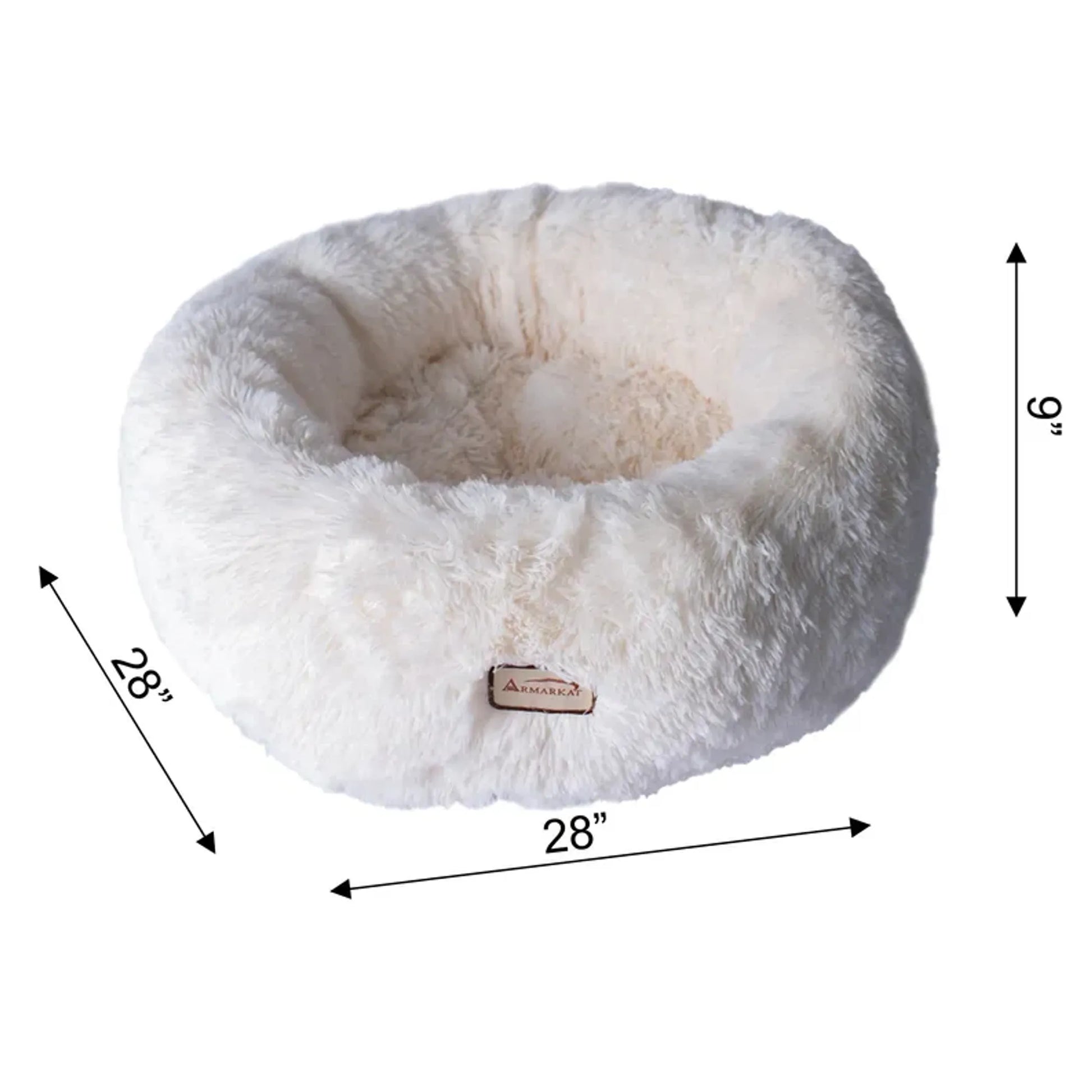Fluffy white pet bed with dimensions on a white background