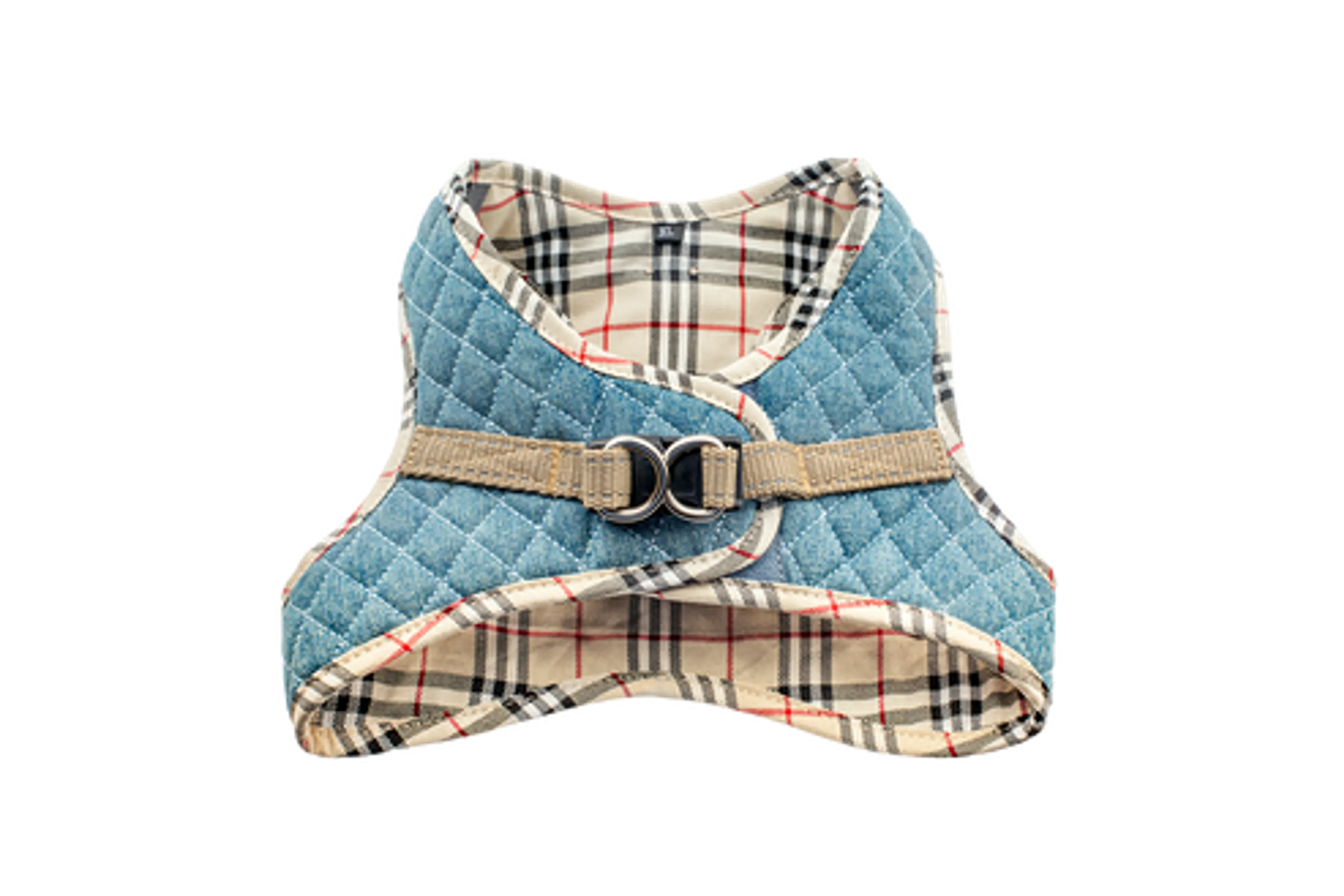 Dog harness with plaid pattern on a white background