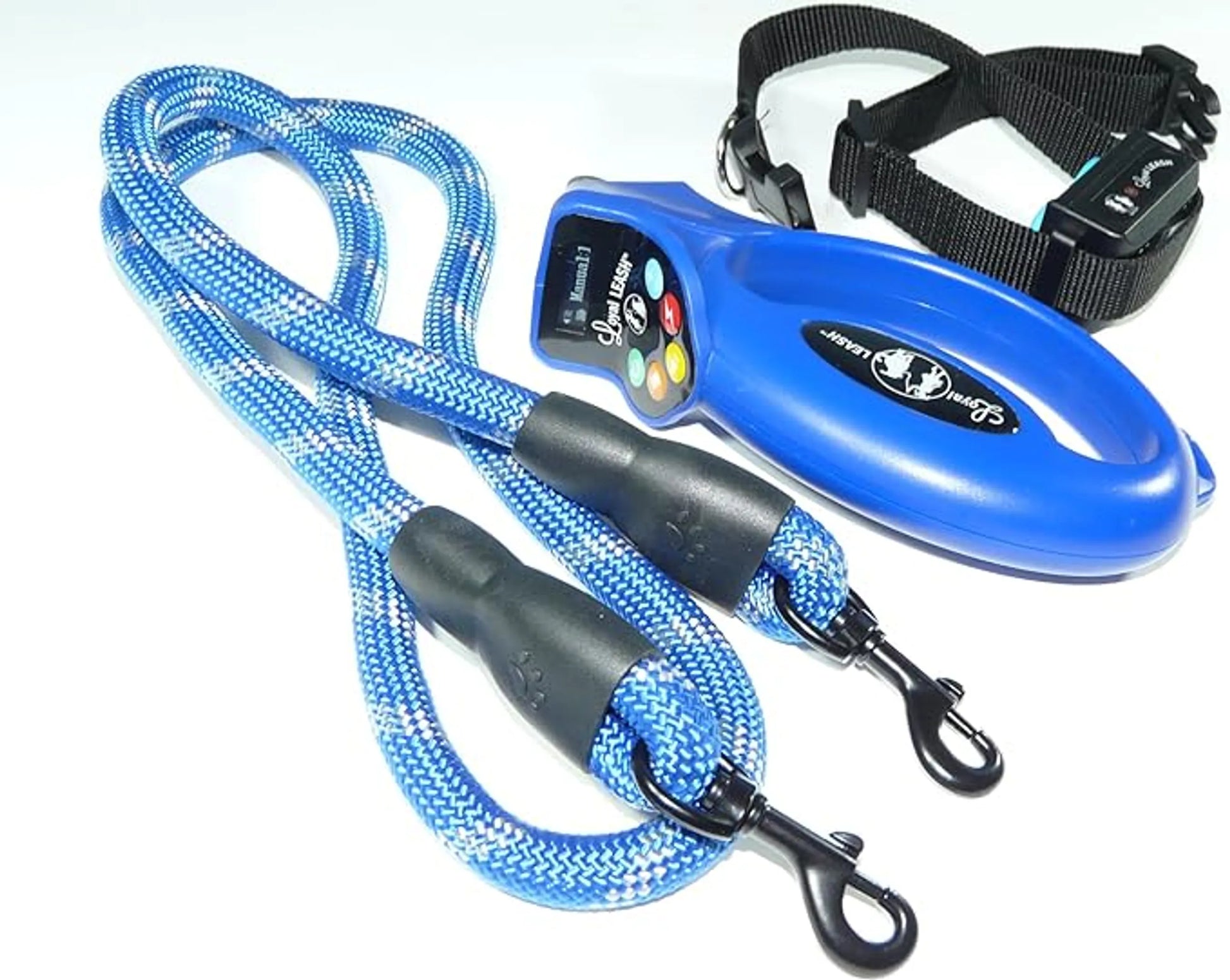 Dog training leash with blue leash and remote on a white background
