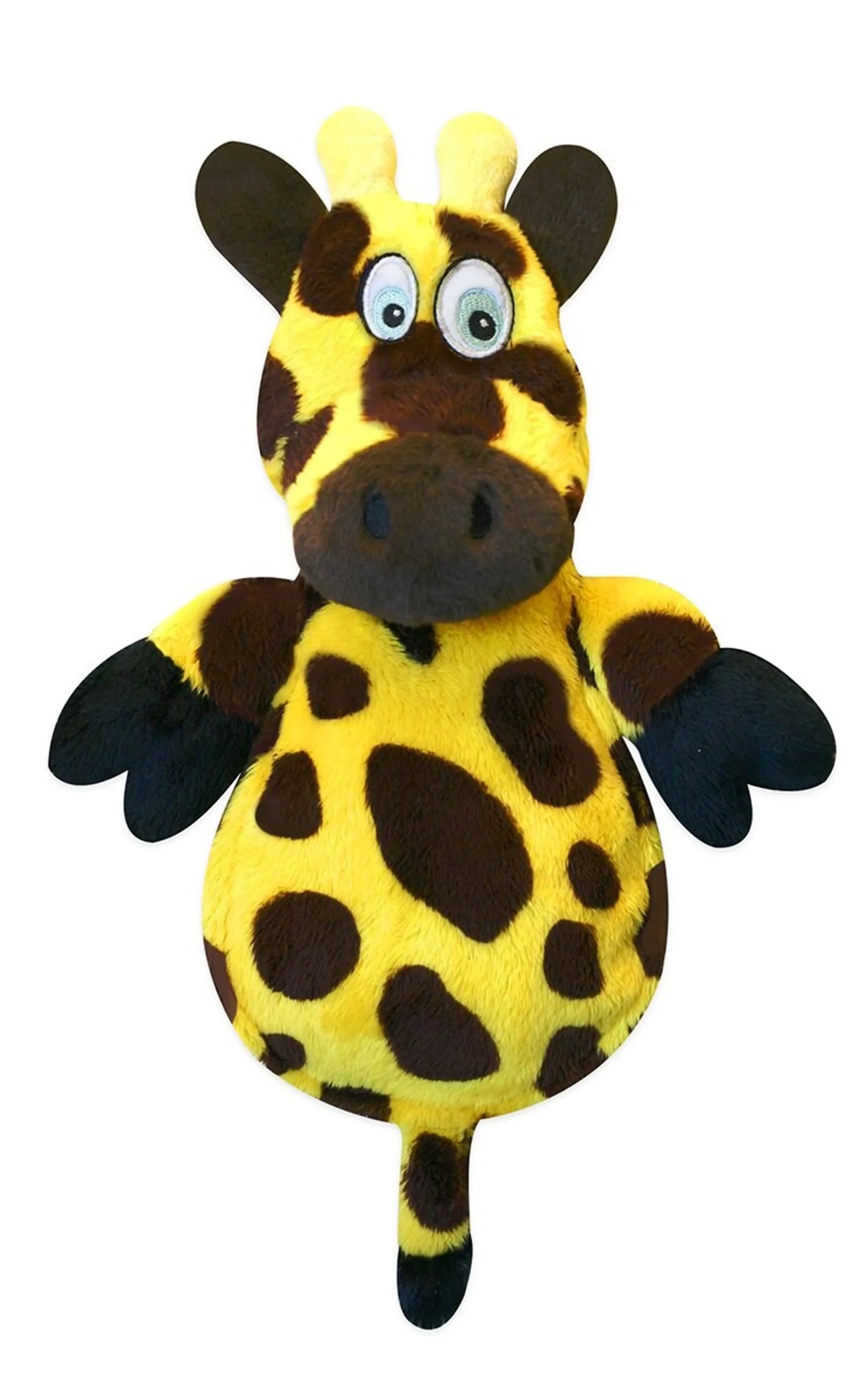 Plush giraffe toy with brown spots on a white background