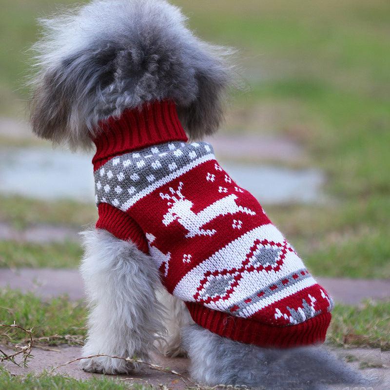 gray and brown dog wearig=ng Festive Reindeer Print Christmas Dog Sweater