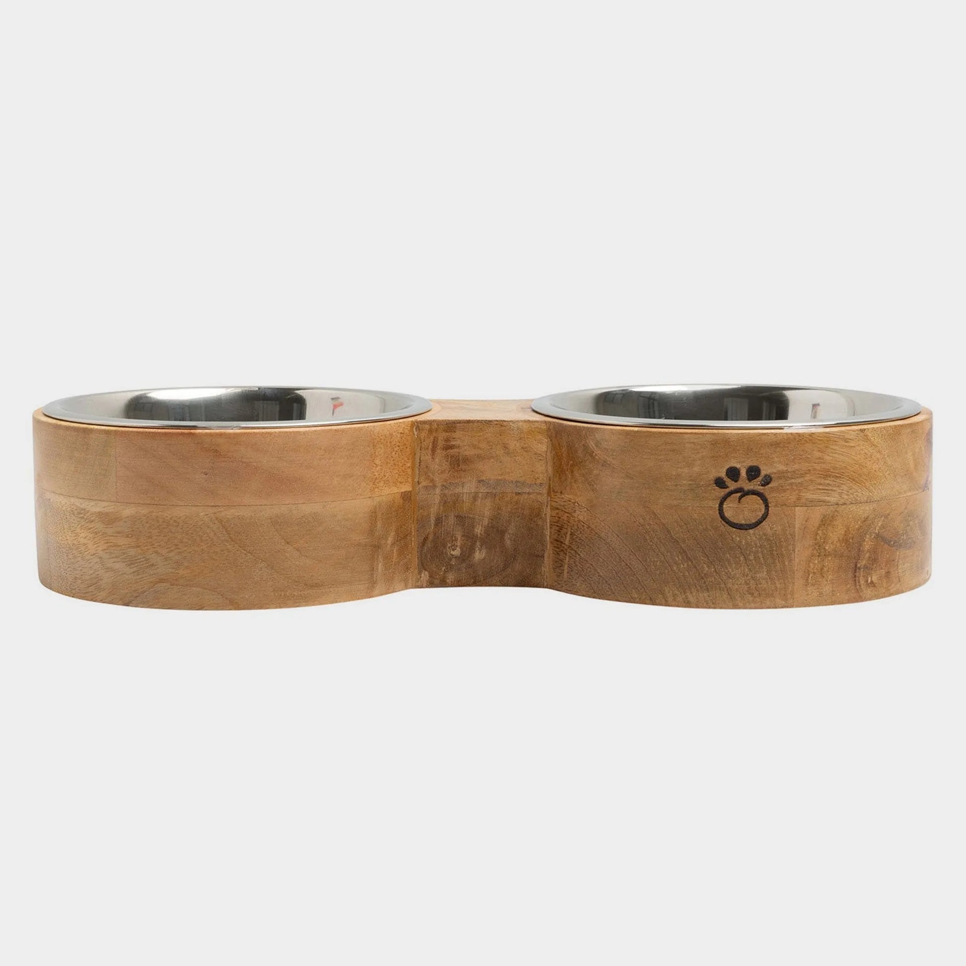 Wooden pet toy with metal ends on a white background