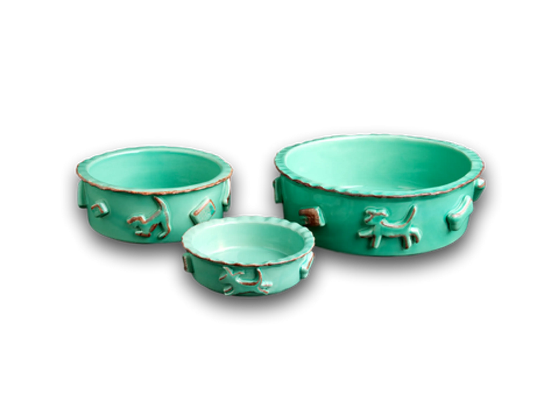 Set of three turquoise ceramic bowls with dog designs on a white background